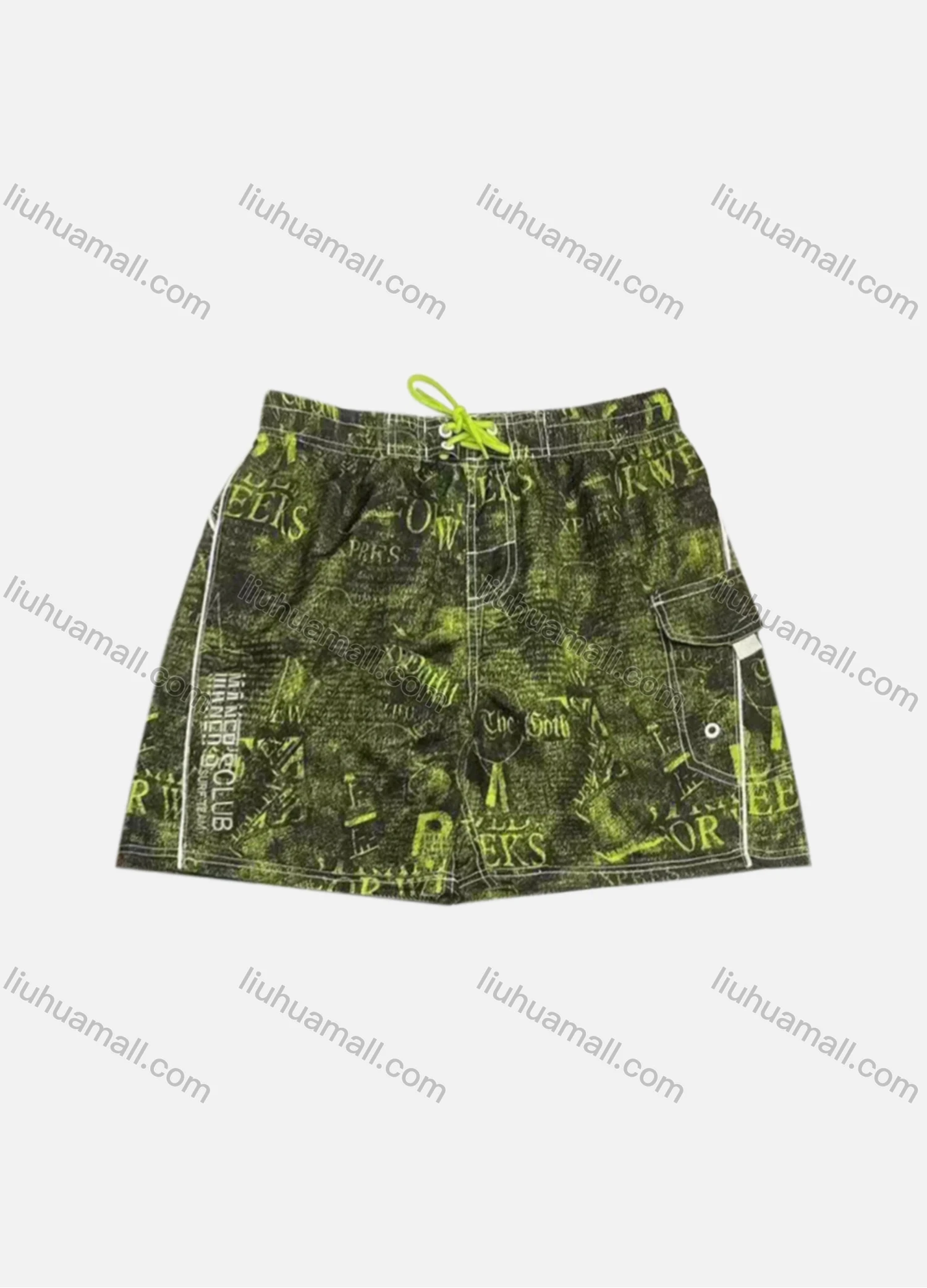 Wholesale Men's Vacation Allover Letter Print Flap Pockets Drawstring Beach Shorts 293# - Liuhuamall