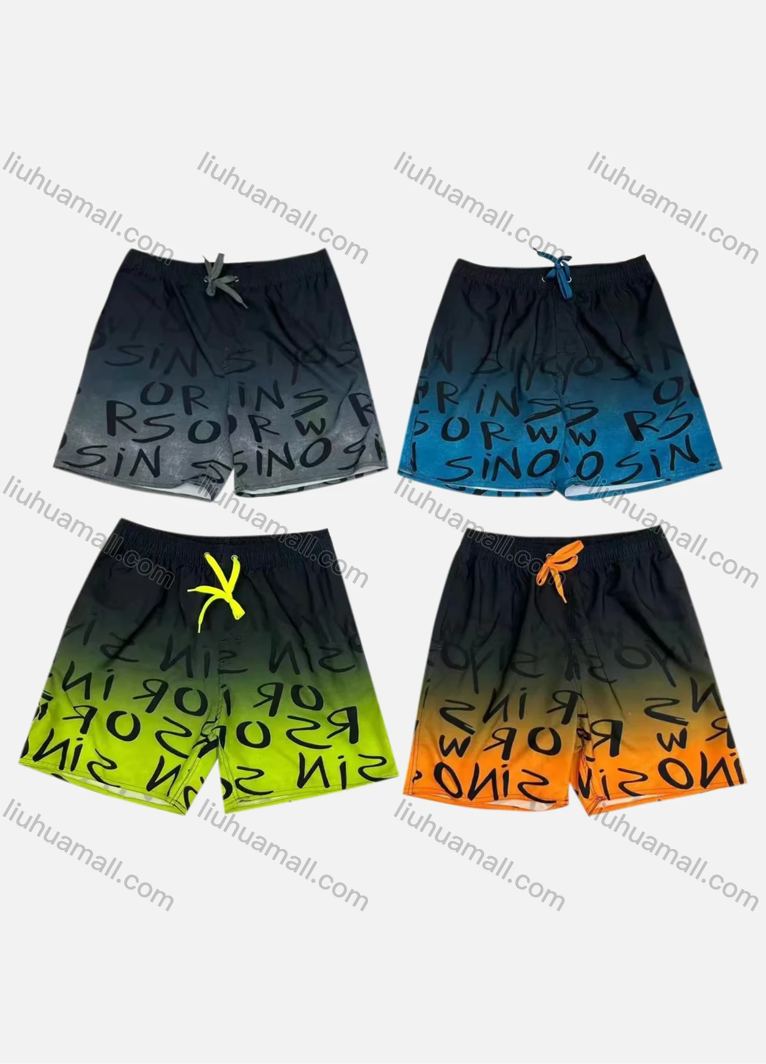Wholesale Men's Vacation Allover Letter Print Gradient Drawstring Beach Shorts 530# - Liuhuamall