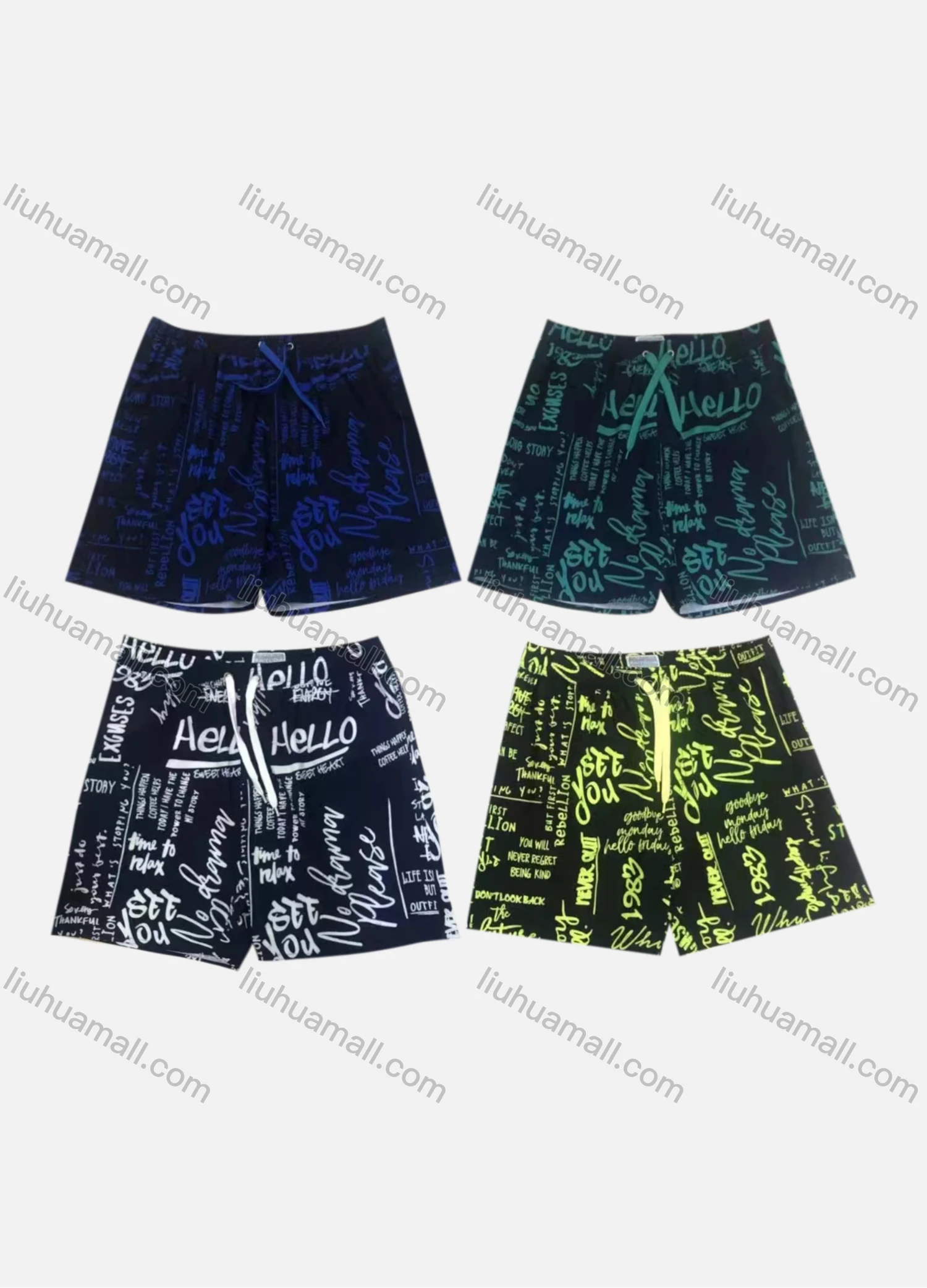 Wholesale Men's Vacation Allover Letter Print Drawstring Beach Shorts 533# - Liuhuamall