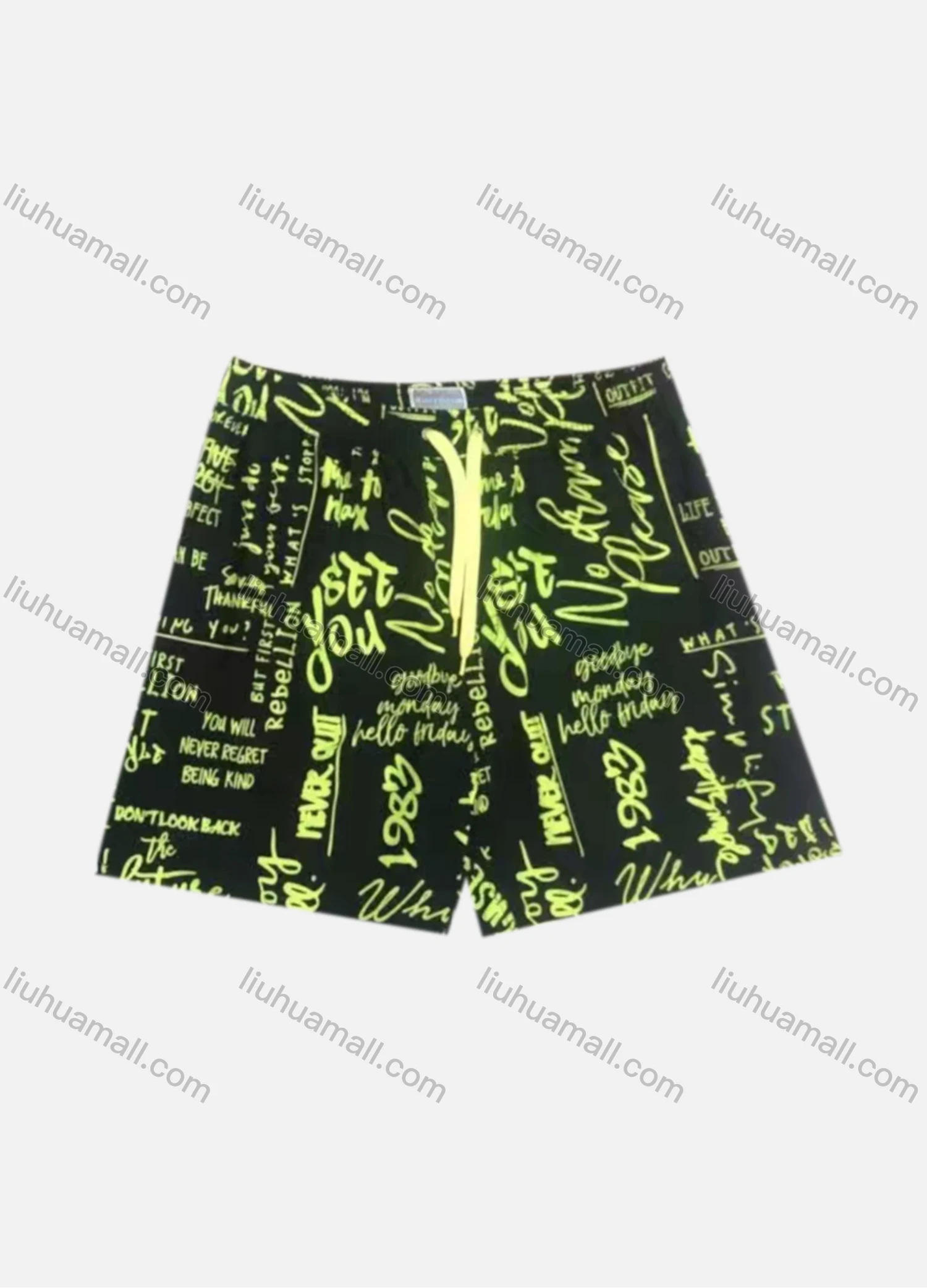 Wholesale Men's Vacation Allover Letter Print Drawstring Beach Shorts 533# - Liuhuamall