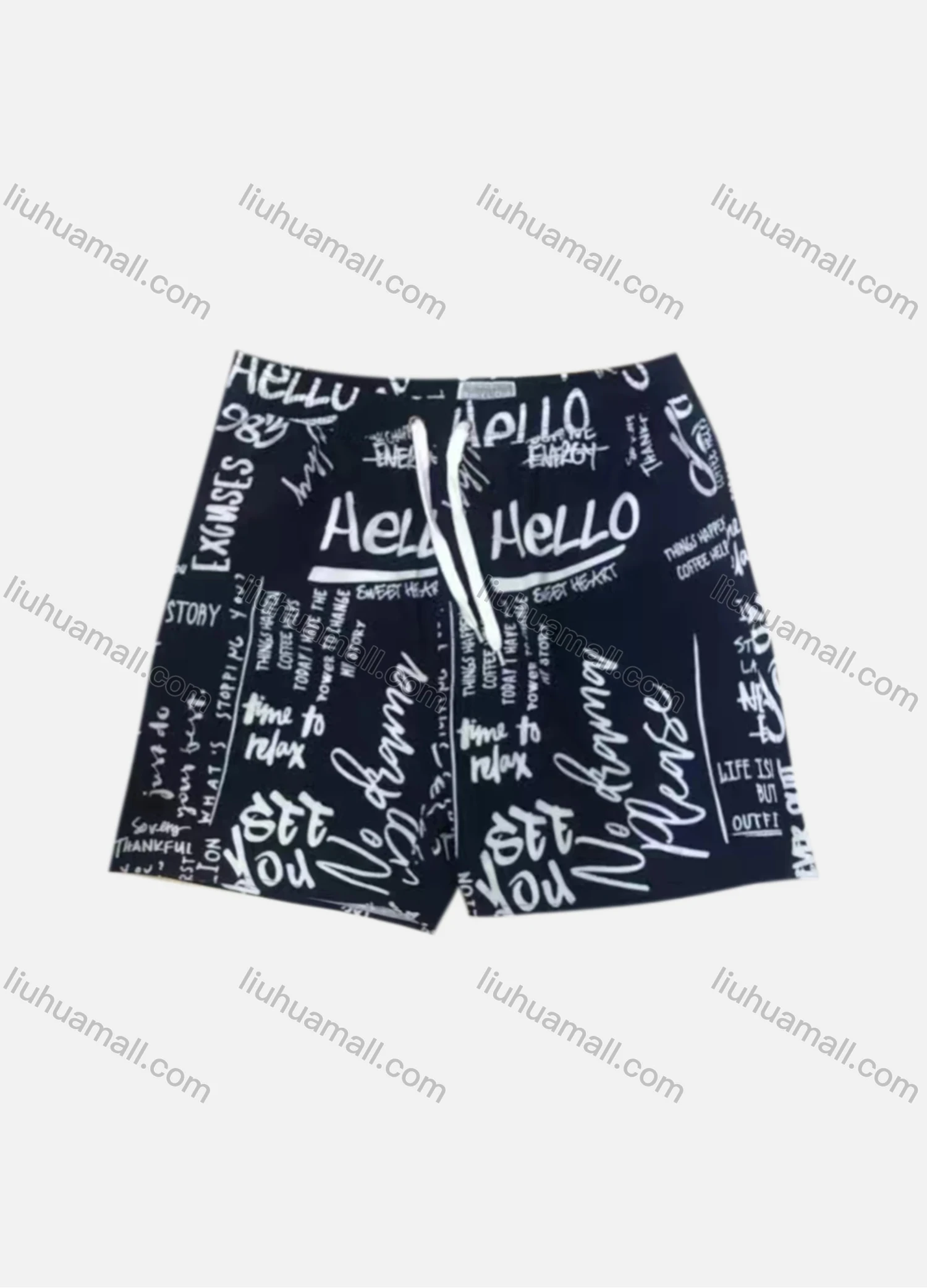Wholesale Men's Vacation Allover Letter Print Drawstring Beach Shorts 533# - Liuhuamall
