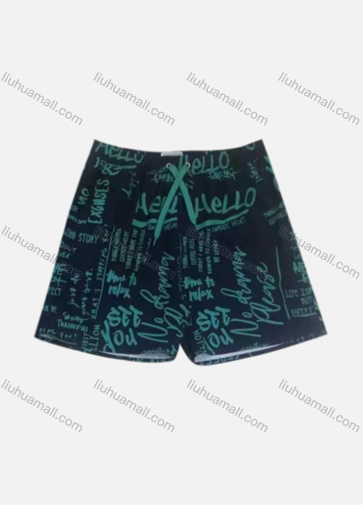 Wholesale Men's Vacation Allover Letter Print Drawstring Beach Shorts 533# - Liuhuamall