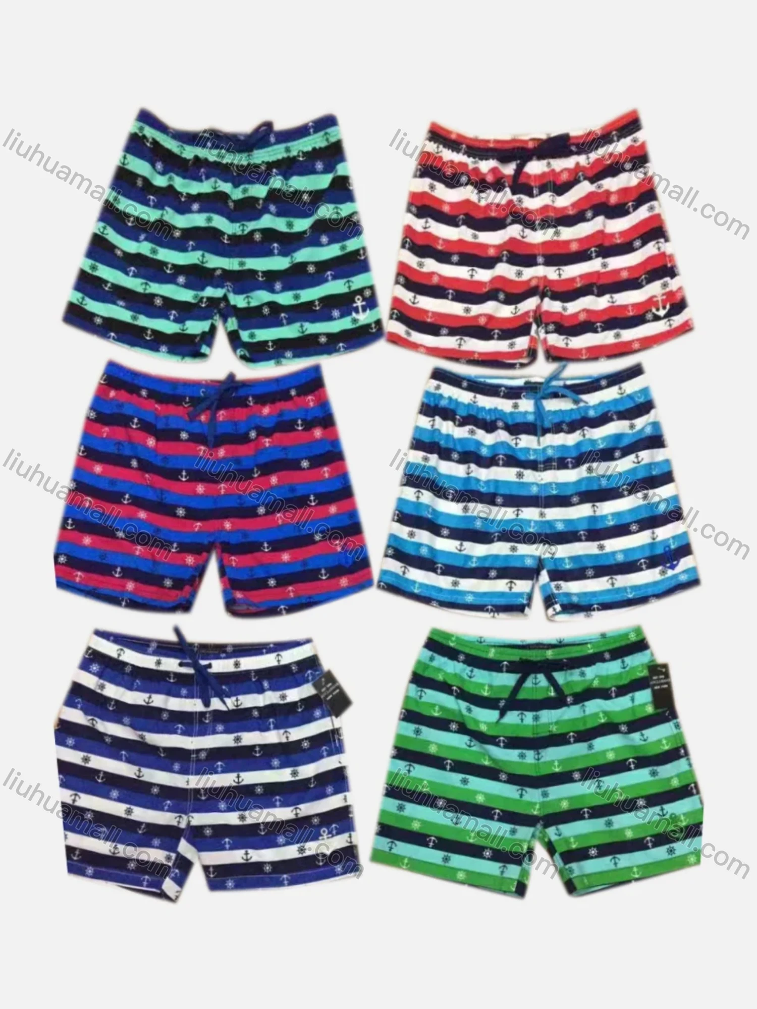 Wholesale Men's Vacation Allover Print Striped Drawstring Beach Shorts 2800# - Liuhuamall