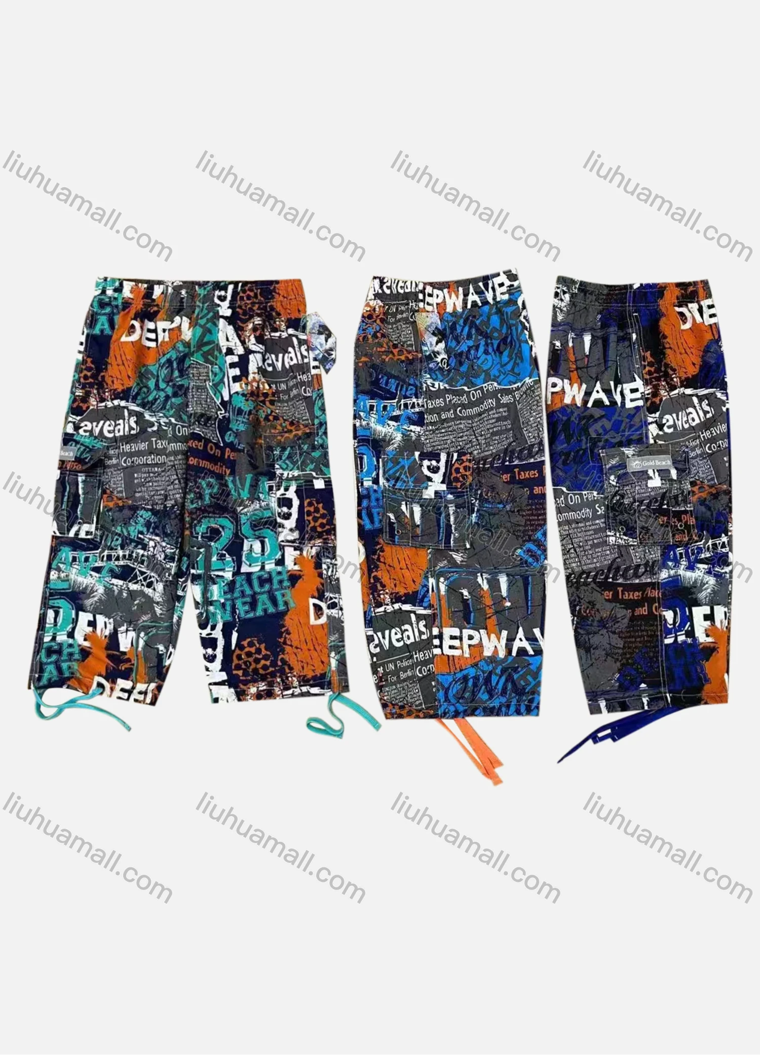 Wholesale Men's Vacation Patchwork Letter Print Flap Pockets Beach Shorts 4065# - Liuhuamall