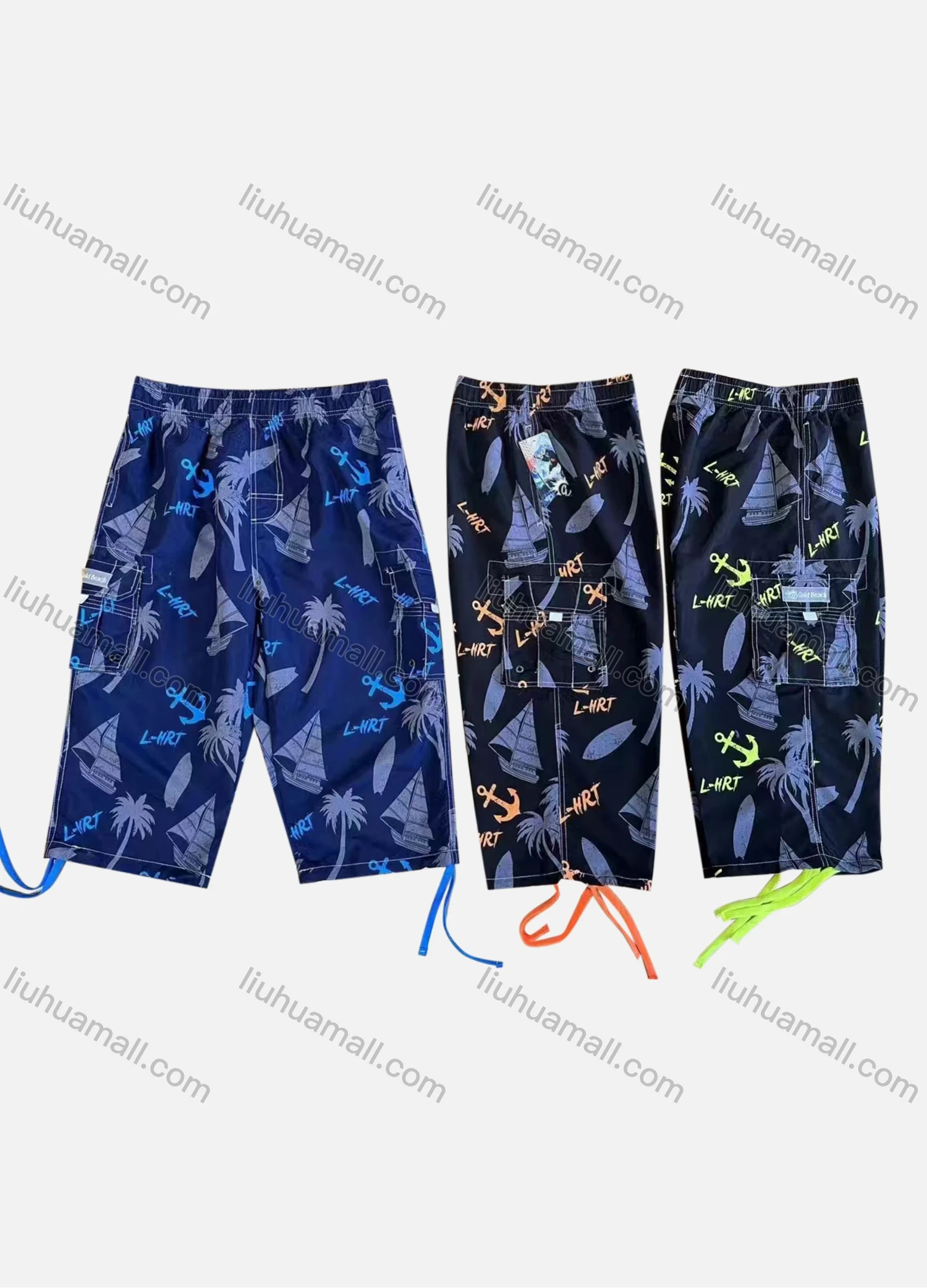 Wholesale Men's Vacation Letter Tree Print Flap Pockets Beach Shorts 4068# - Liuhuamall