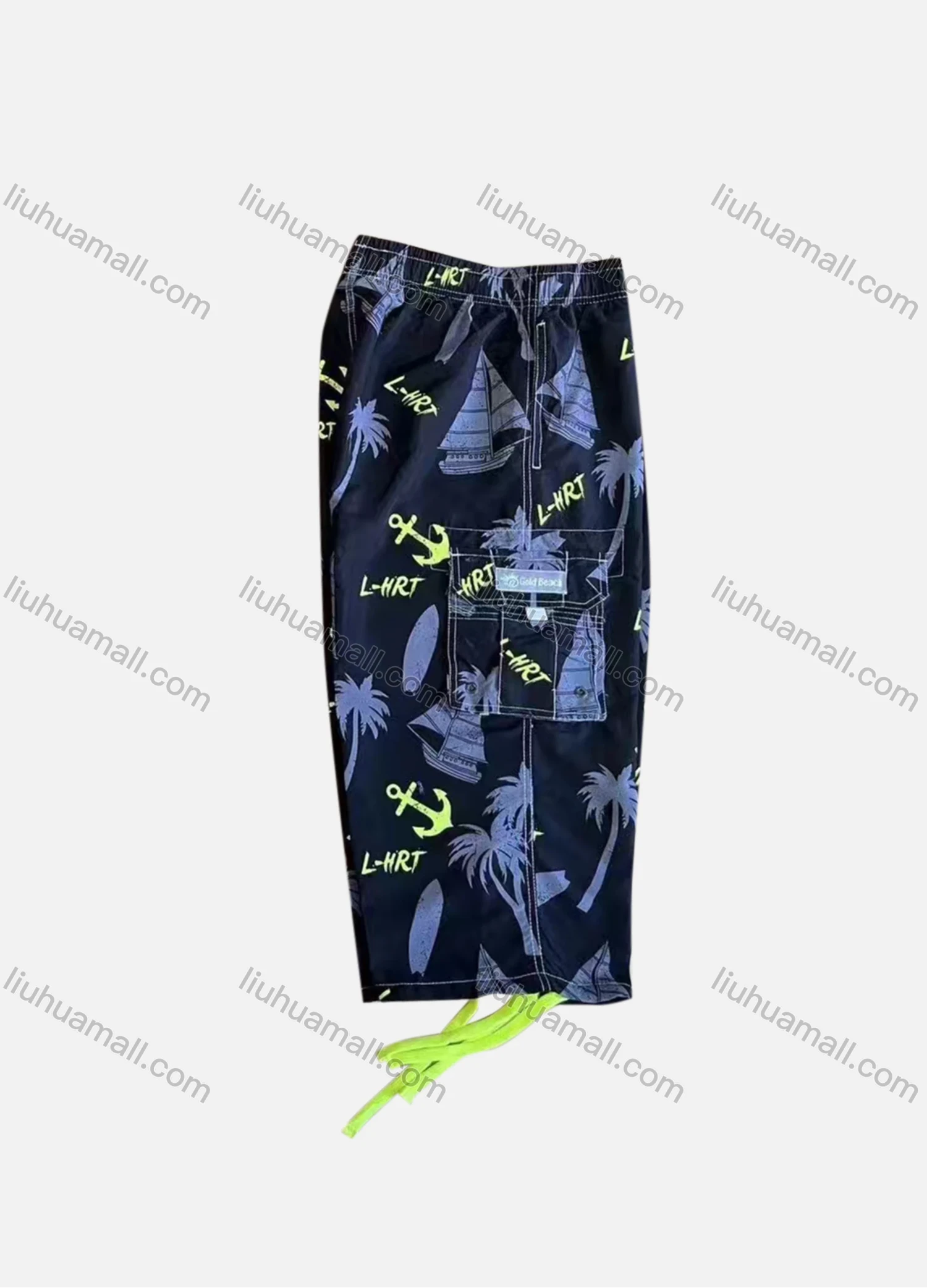 Wholesale Men's Vacation Letter Tree Print Flap Pockets Beach Shorts 4068# - Liuhuamall