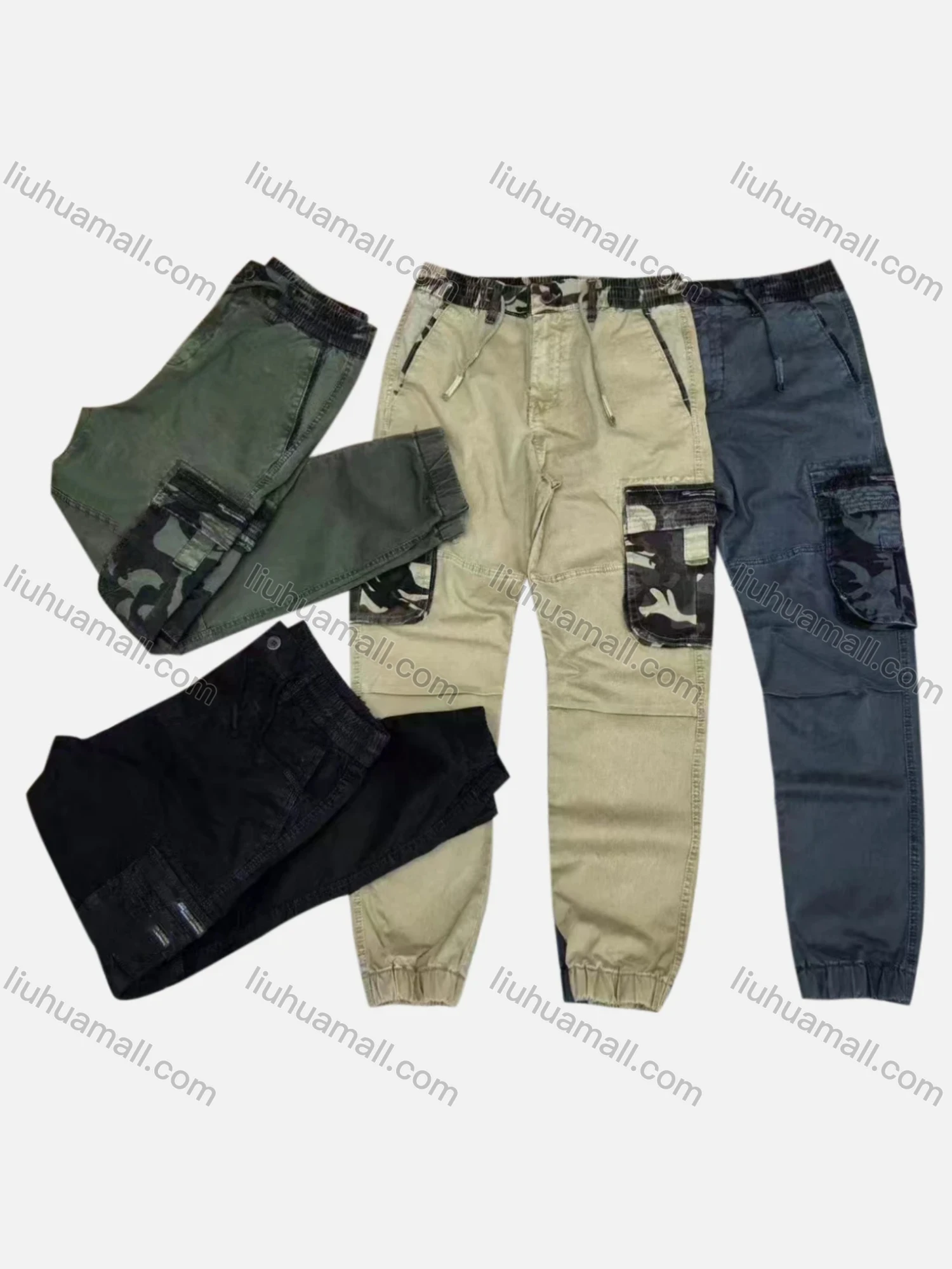 Wholesale Men's Casual Plain Splicing Camouflage Flap Pockets Drawstring Cargo Pant AK7377# - Liuhuamall