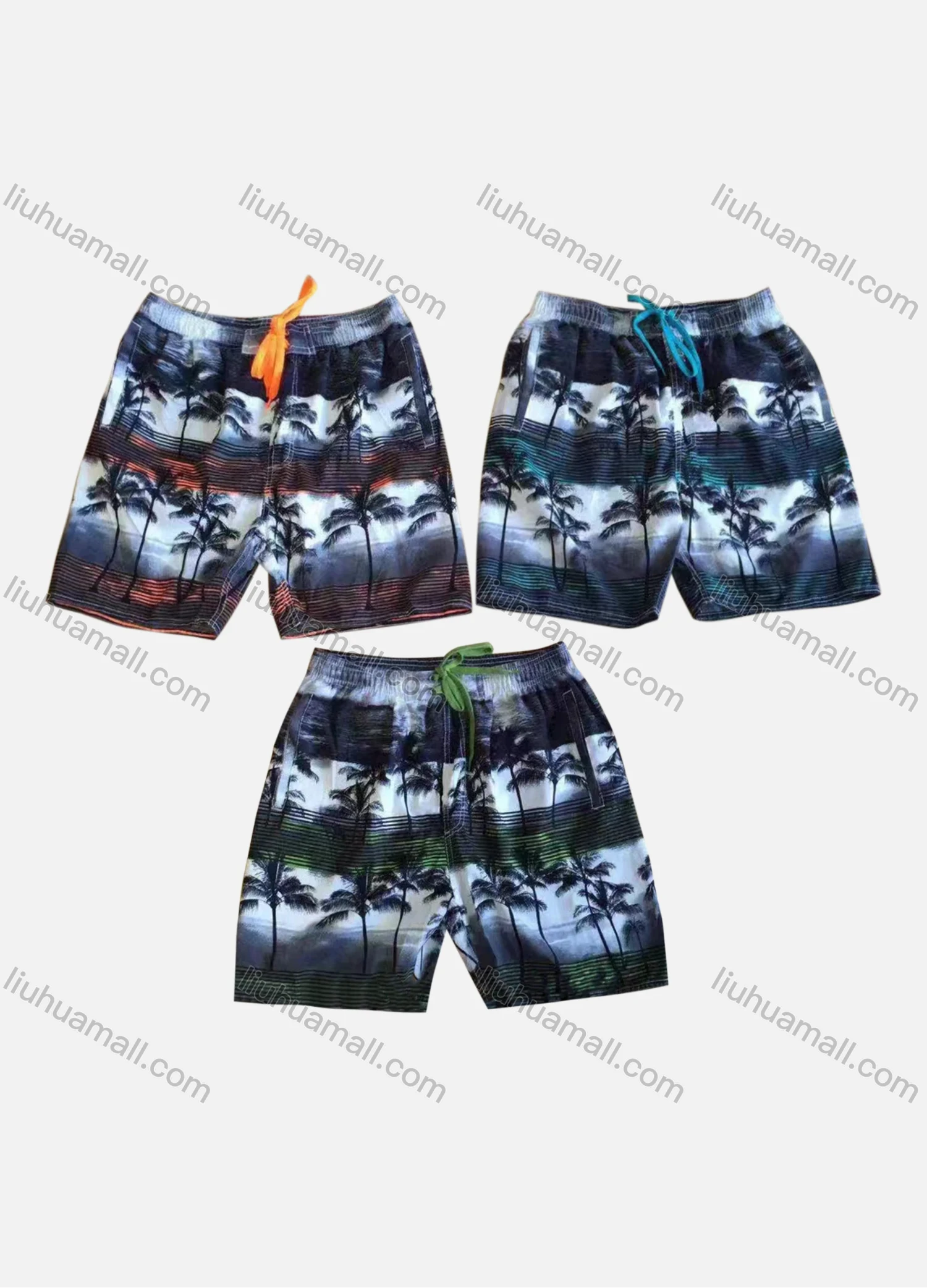 Wholesale Men's Vacation Striped Tree Print Drawstring Patch Pocket Beach Shorts B5527# - Liuhuamall