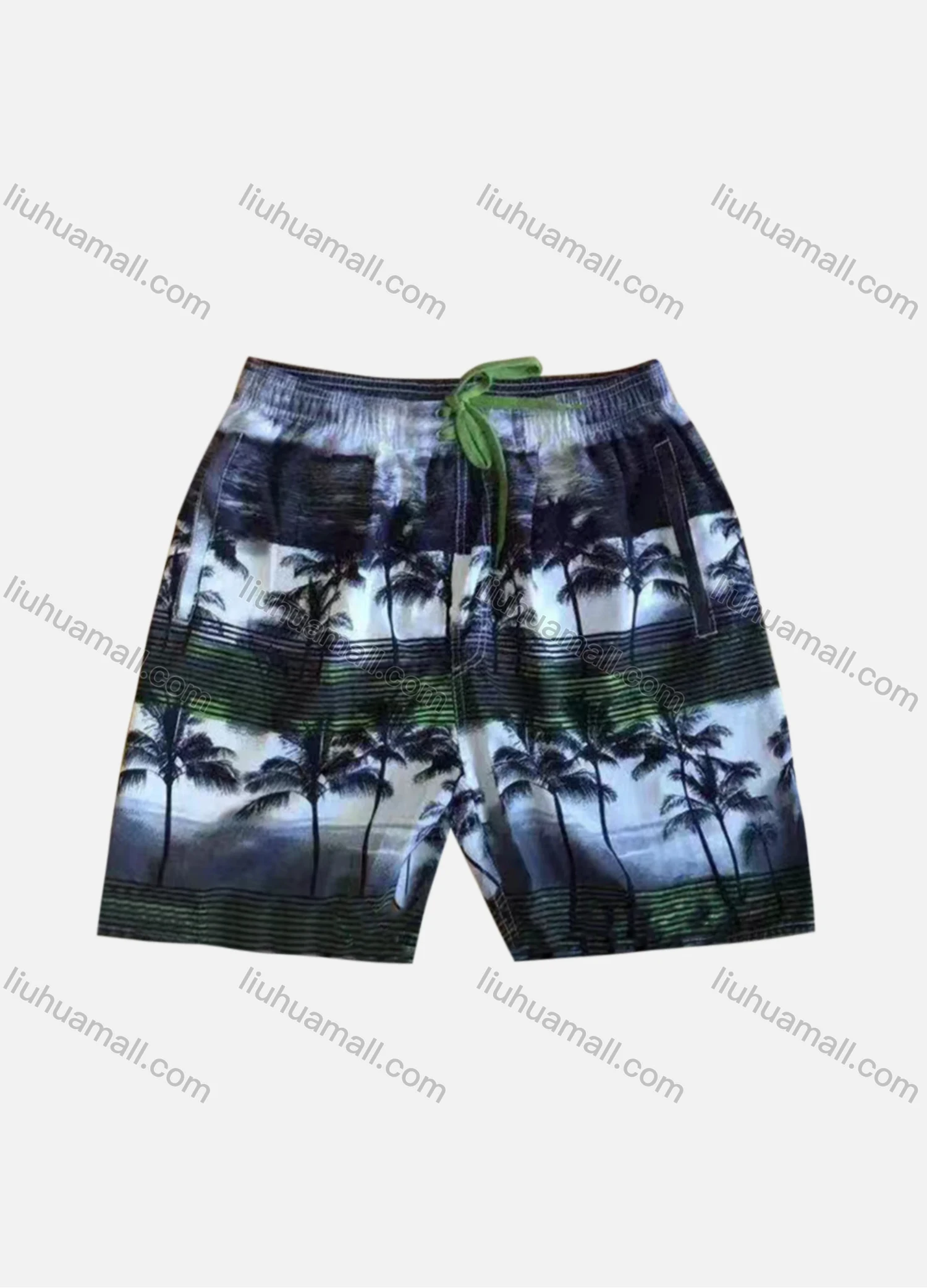Wholesale Men's Vacation Striped Tree Print Drawstring Patch Pocket Beach Shorts B5527# - Liuhuamall