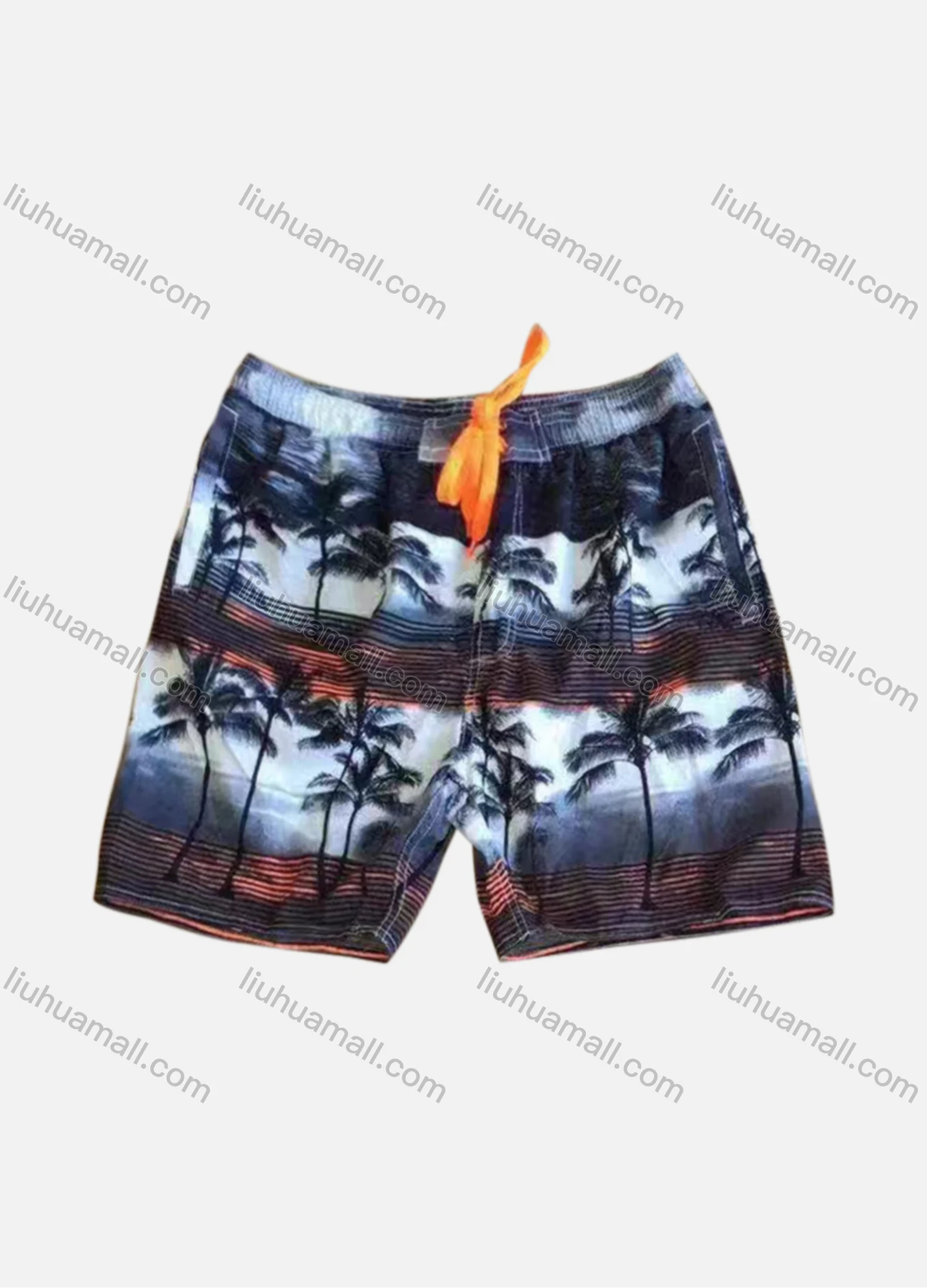 Wholesale Men's Vacation Striped Tree Print Drawstring Patch Pocket Beach Shorts B5527# - Liuhuamall