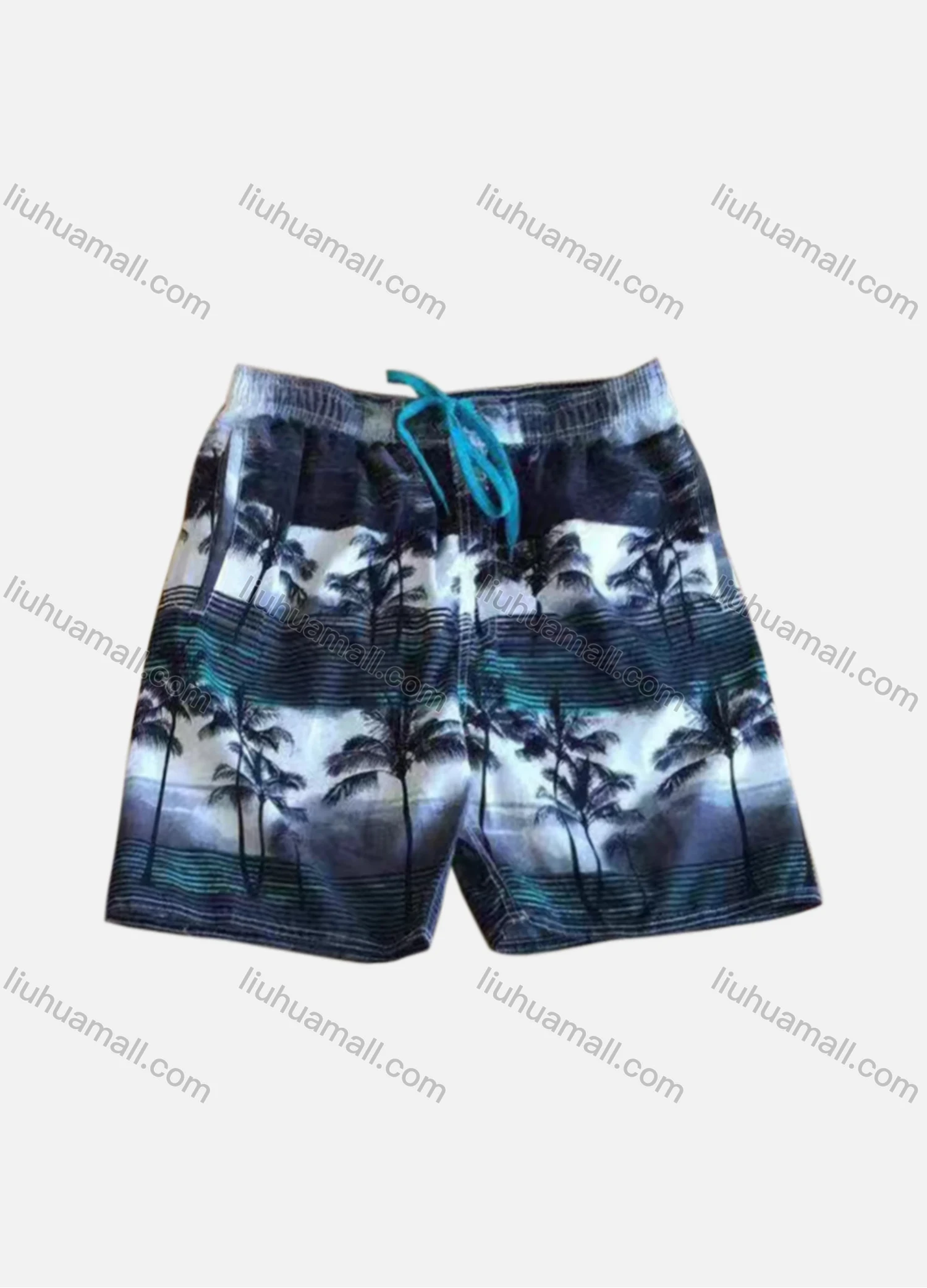 Wholesale Men's Vacation Striped Tree Print Drawstring Patch Pocket Beach Shorts B5527# - Liuhuamall