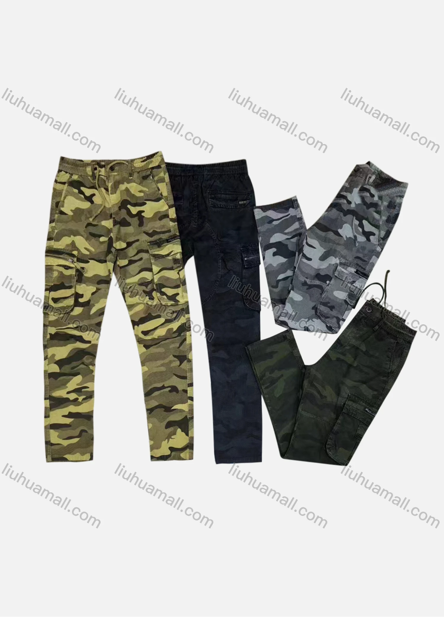 Wholesale Men's Casual Camouflage Zipper Flap Pockets Drawstring Cargo Pant B7376# - Liuhuamall
