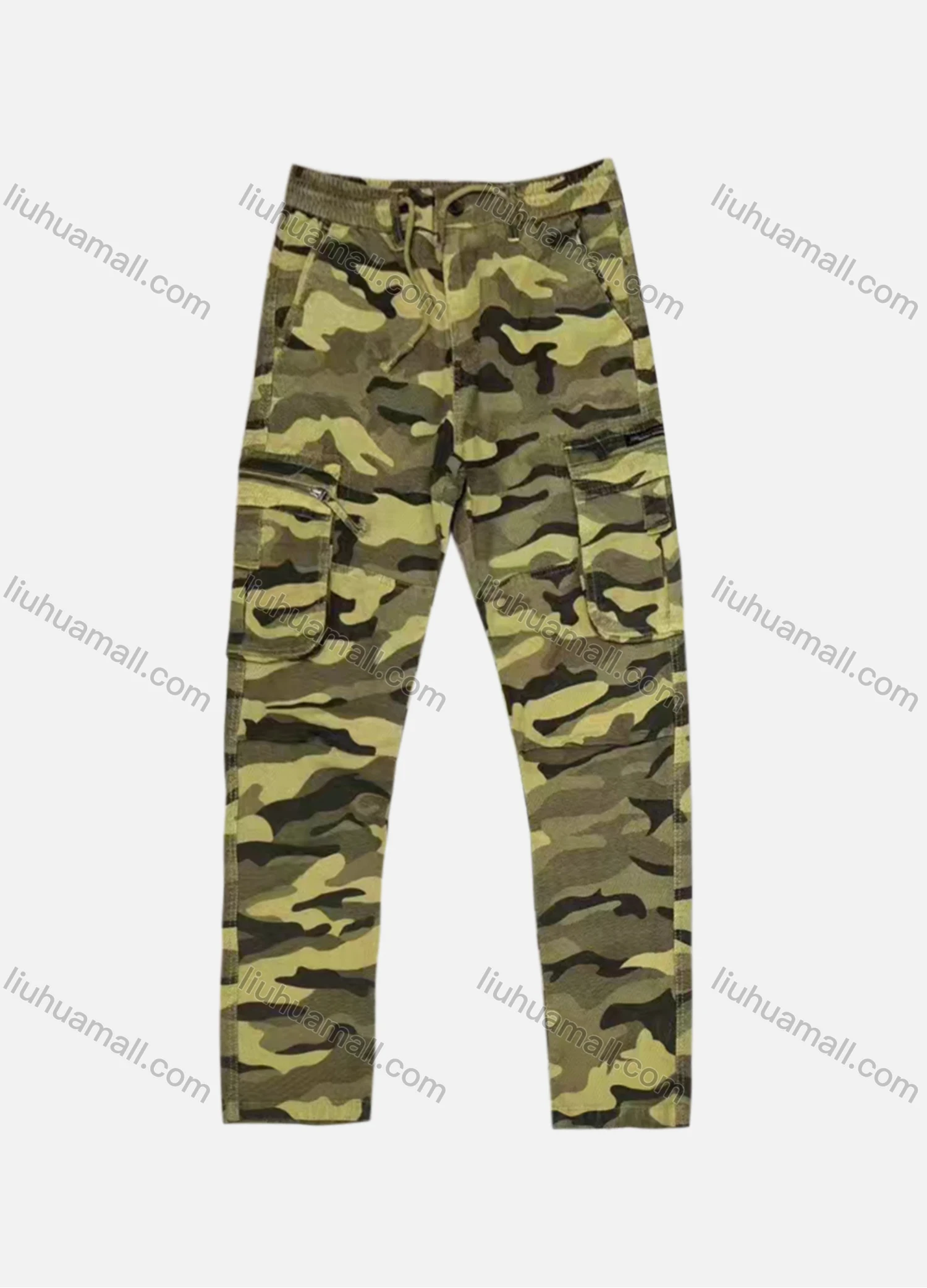 Wholesale Men's Casual Camouflage Zipper Flap Pockets Drawstring Cargo Pant B7376# - Liuhuamall
