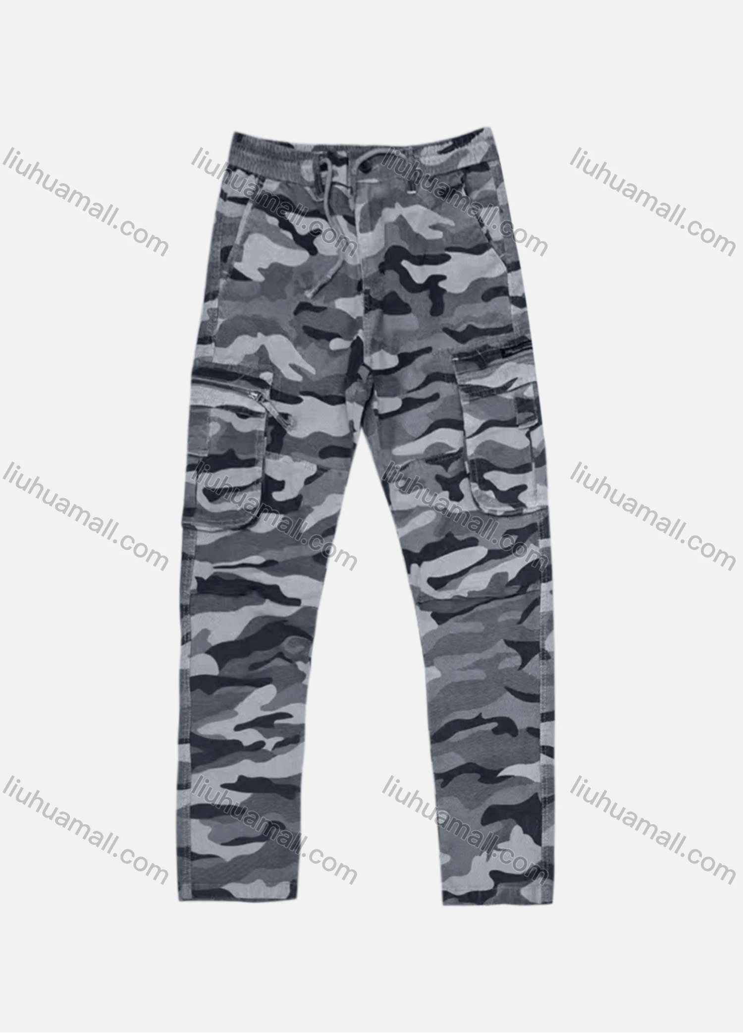 Wholesale Men's Casual Camouflage Zipper Flap Pockets Drawstring Cargo Pant B7376# - Liuhuamall