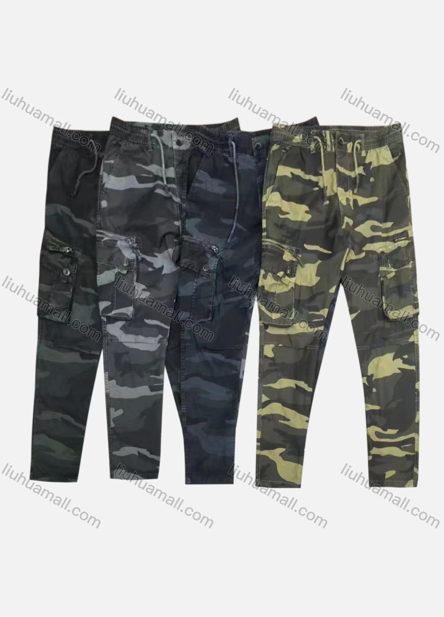 Wholesale Men's Casual Camouflage Flap Pockets Drawstring Cargo Pant B7386# - Liuhuamall