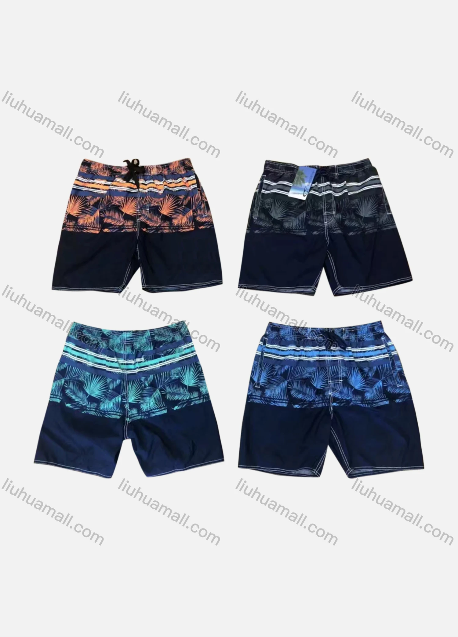 Wholesale Men's Vacation Striped Leaf Colorblock Elastic Waist Beach Shorts F5527# - Liuhuamall