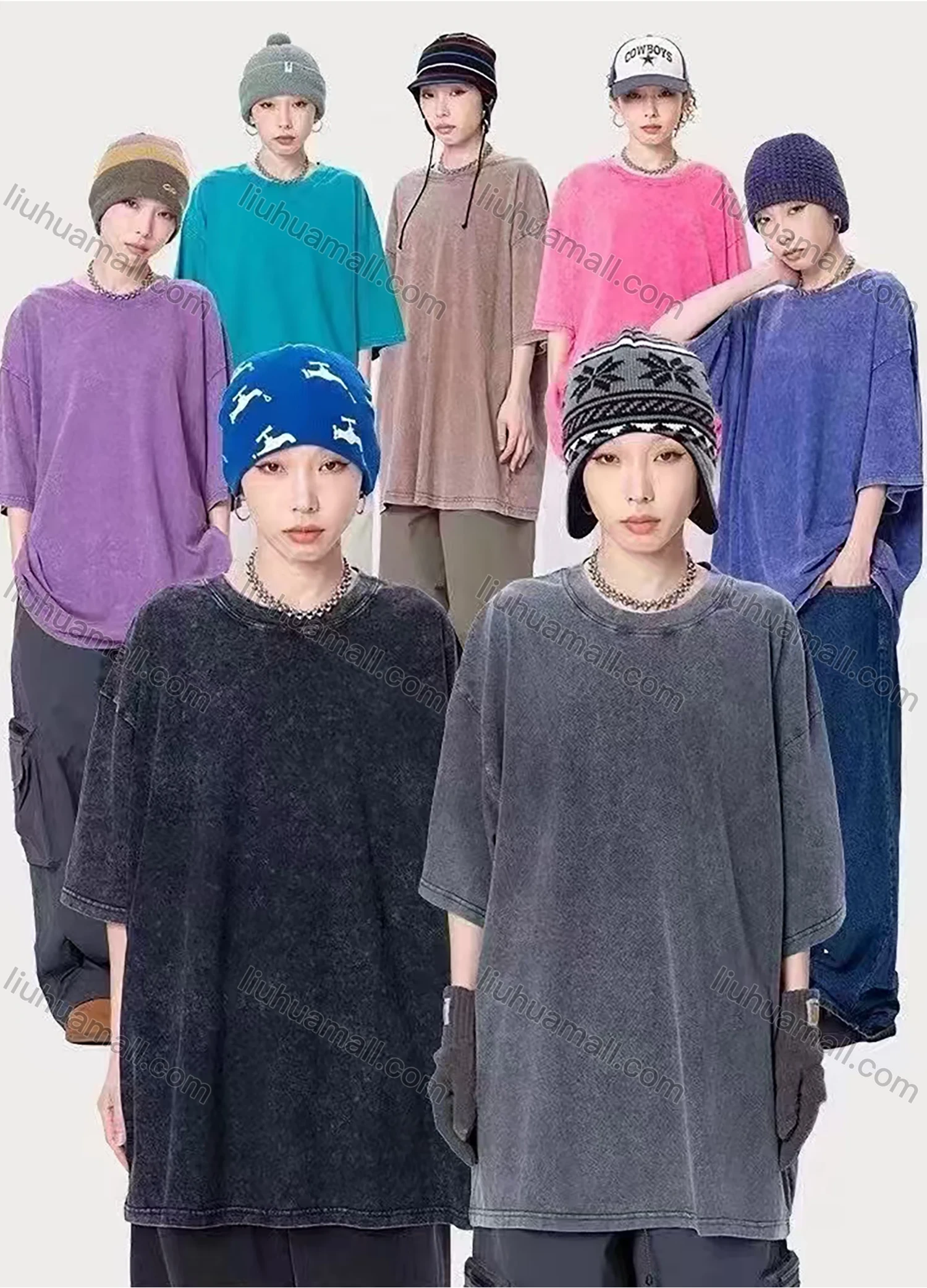 Wholesale Women's 100%Cotton Casual Distressed Wash Round Neck Plain Half Sleeve Drop Shoulder Tee 1301# - Liuhuamall