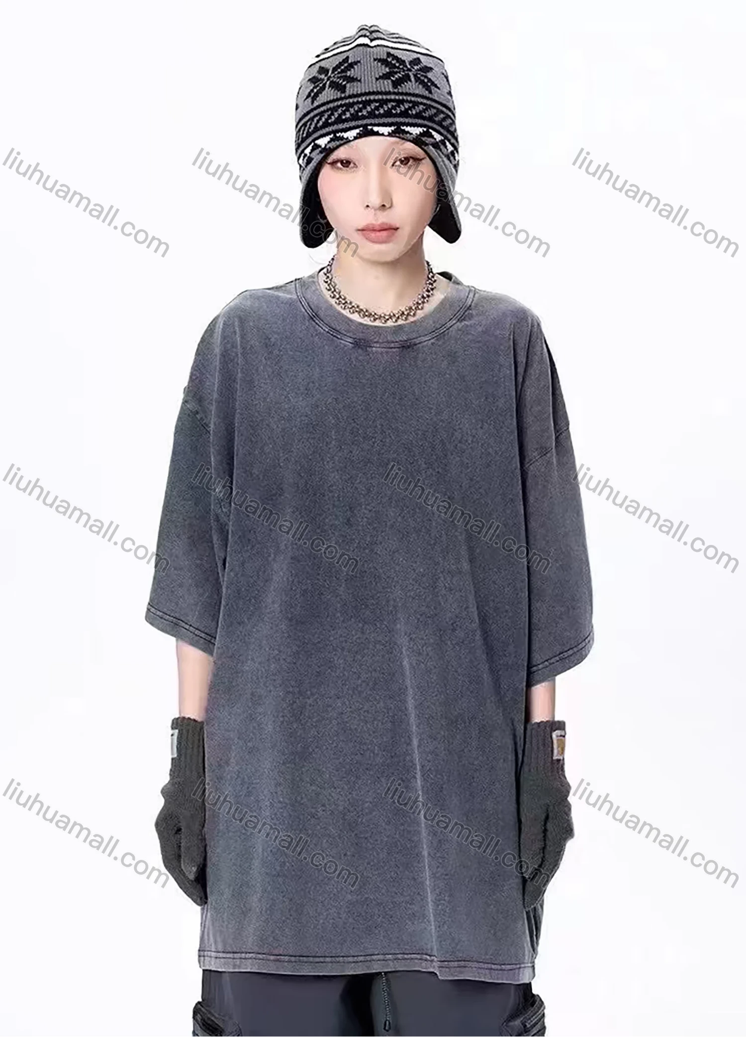 Wholesale Women's 100%Cotton Casual Distressed Wash Round Neck Plain Half Sleeve Drop Shoulder Tee 1301# - Liuhuamall