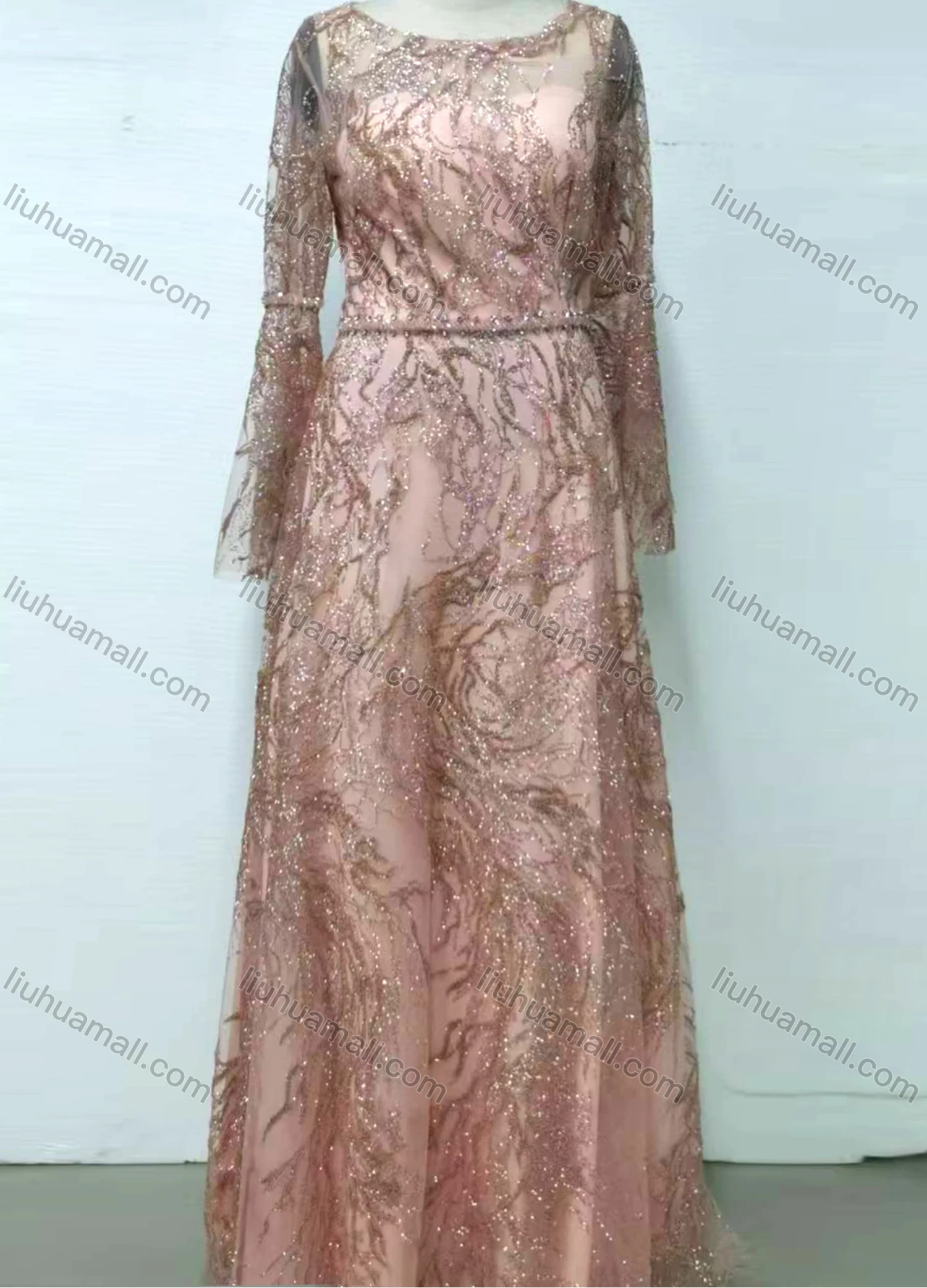 Wholesale Women's Elegant Crew Neck Sequin Beaded Rhinestone Sheer Lace Glitter Long Sleeve Evening Dress F-11# - Liuhuamall