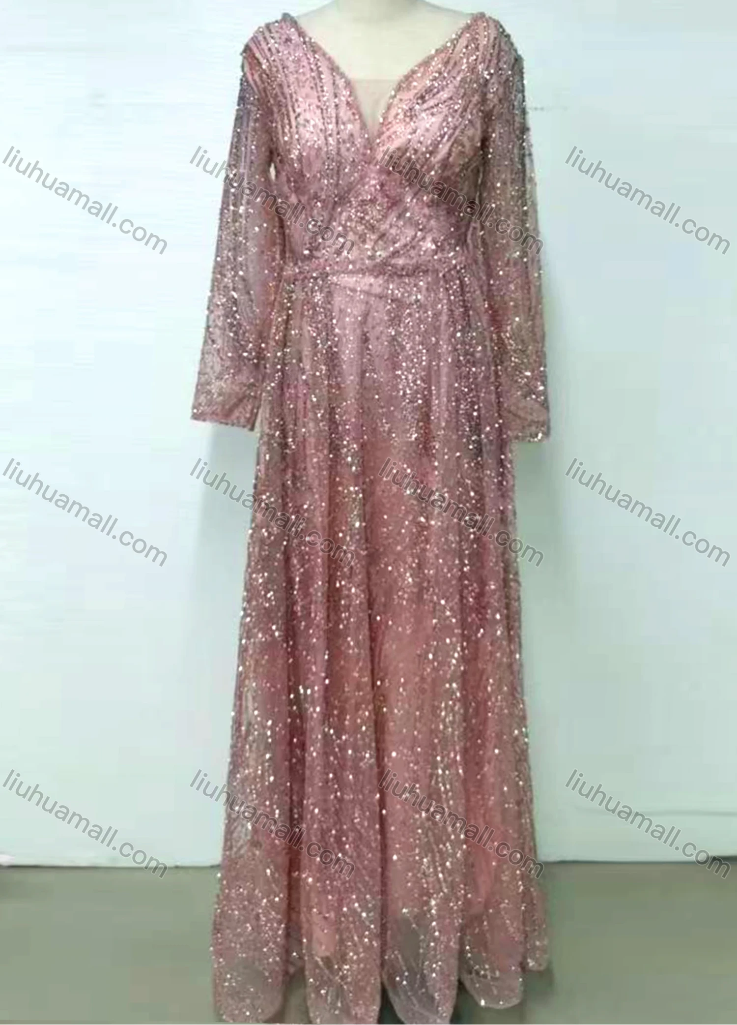 Wholesale Women's Elegant V Neck Sheer Lace Sequin Glitter Long Sleeve Maxi Evening Dress LH801# - Liuhuamall