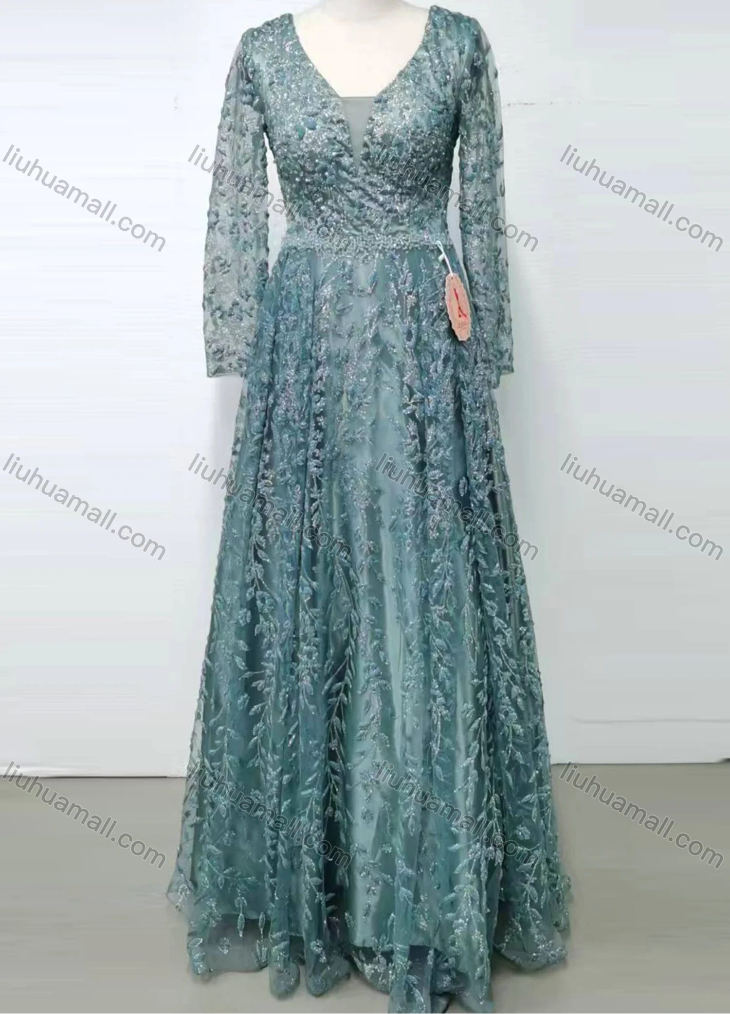 Wholesale Women's Elegant V Neck Sheer Lace Sequin Embroidery Leaf Long Sleeve Evening Dress LH802# - Liuhuamall