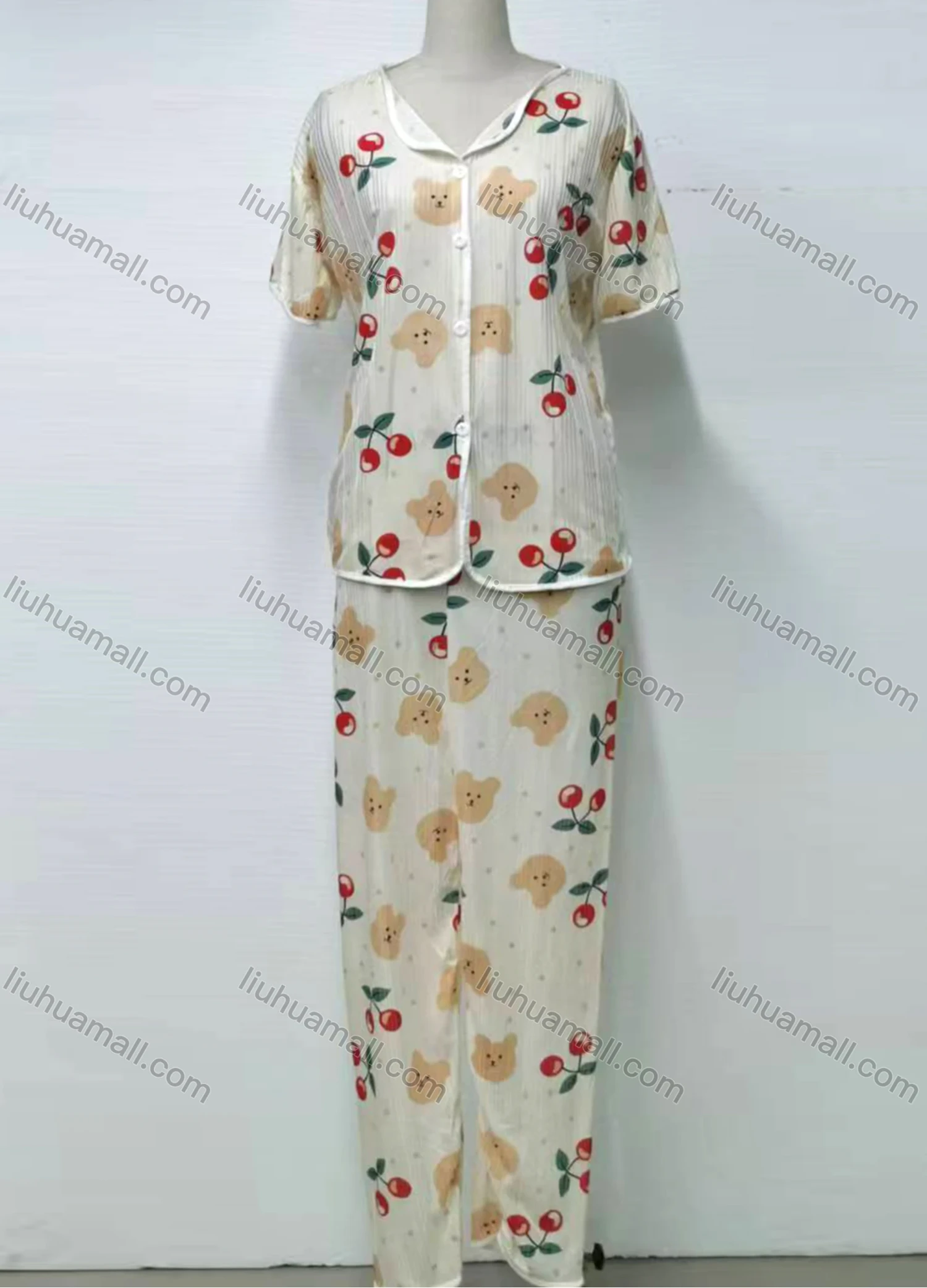 Wholesale Women's Lounge Cherry Bear Print Lapel Button Down Short Sleeve Top & Shorts & Pant Pajamas 3 Piece Set 001# - Liuhuamall