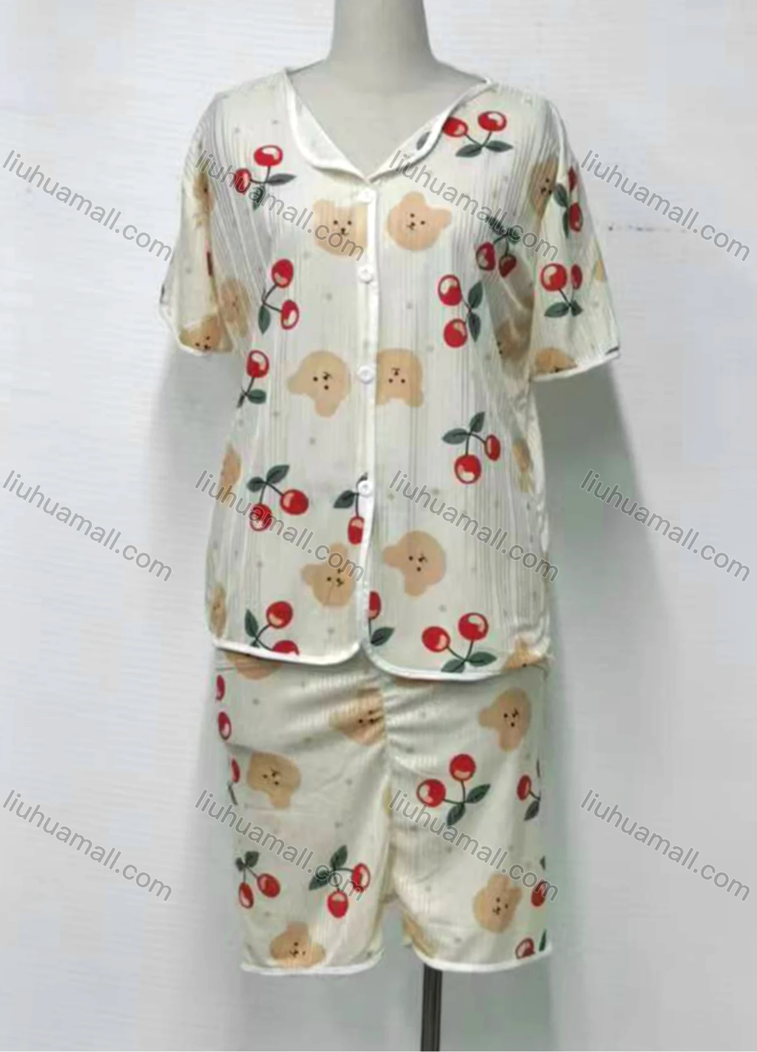 Wholesale Women's Lounge Cherry Bear Print Lapel Button Down Short Sleeve Top & Shorts & Pant Pajamas 3 Piece Set 001# - Liuhuamall