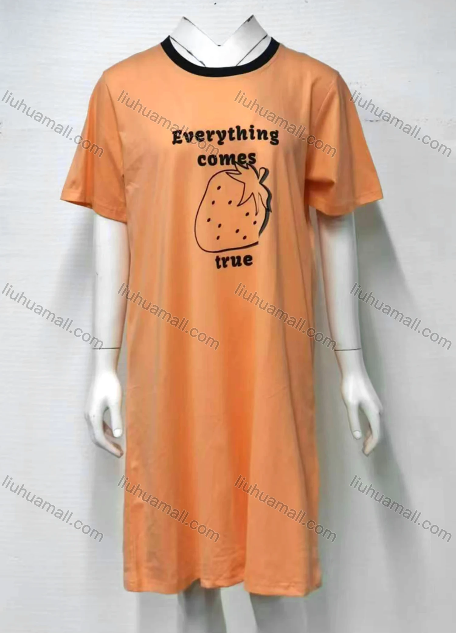 Wholesale Women's Soft 100%Cotton Strawberry Letter Print Short Sleeve Crew Neck Lounge Short Nightdress 004# - Liuhuamall