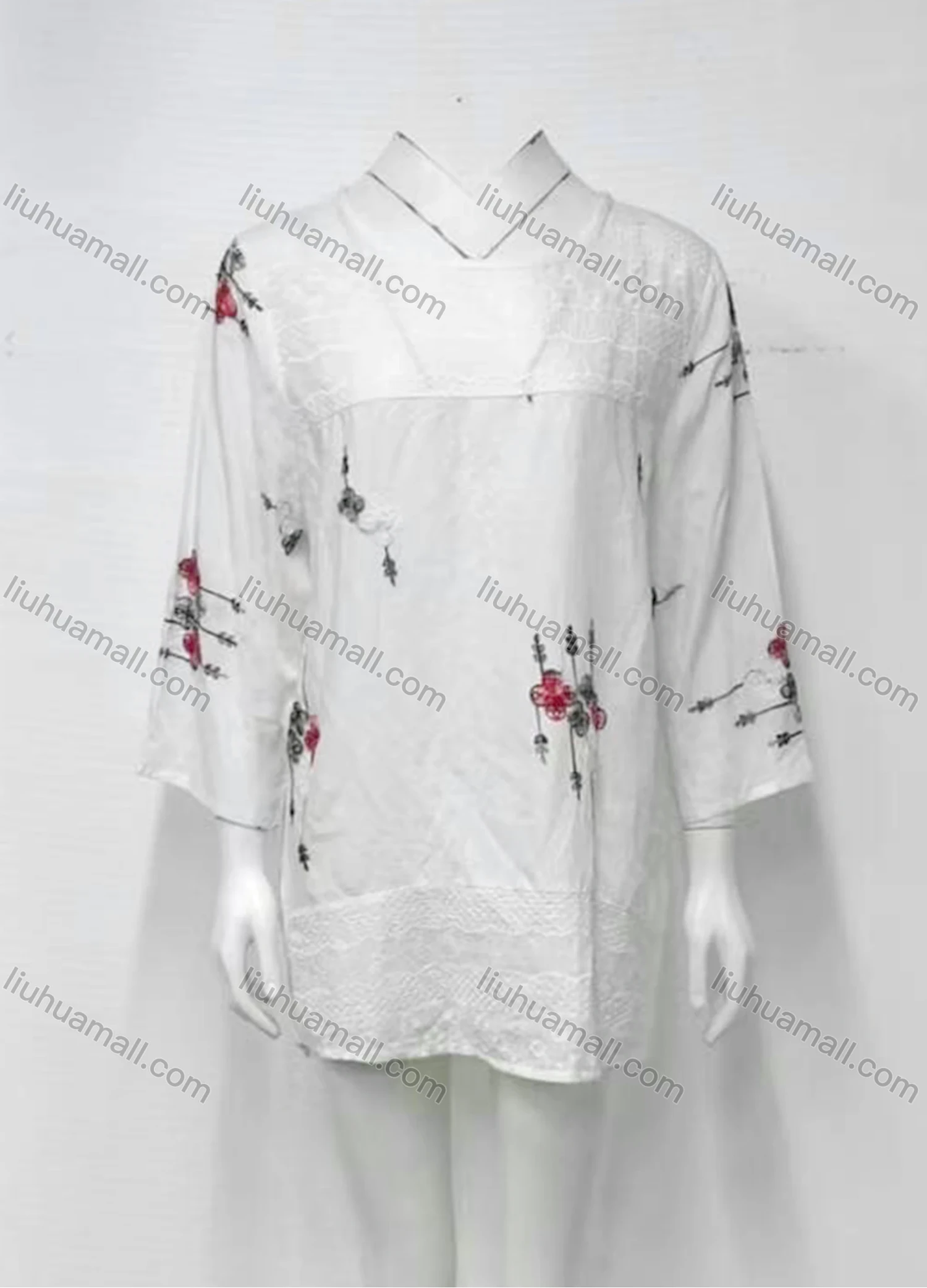 Wholesale Women's Casual Floral Hollow Out Lace Trim Crew Neck 3/4 Sleeve Top 003# - Liuhuamall