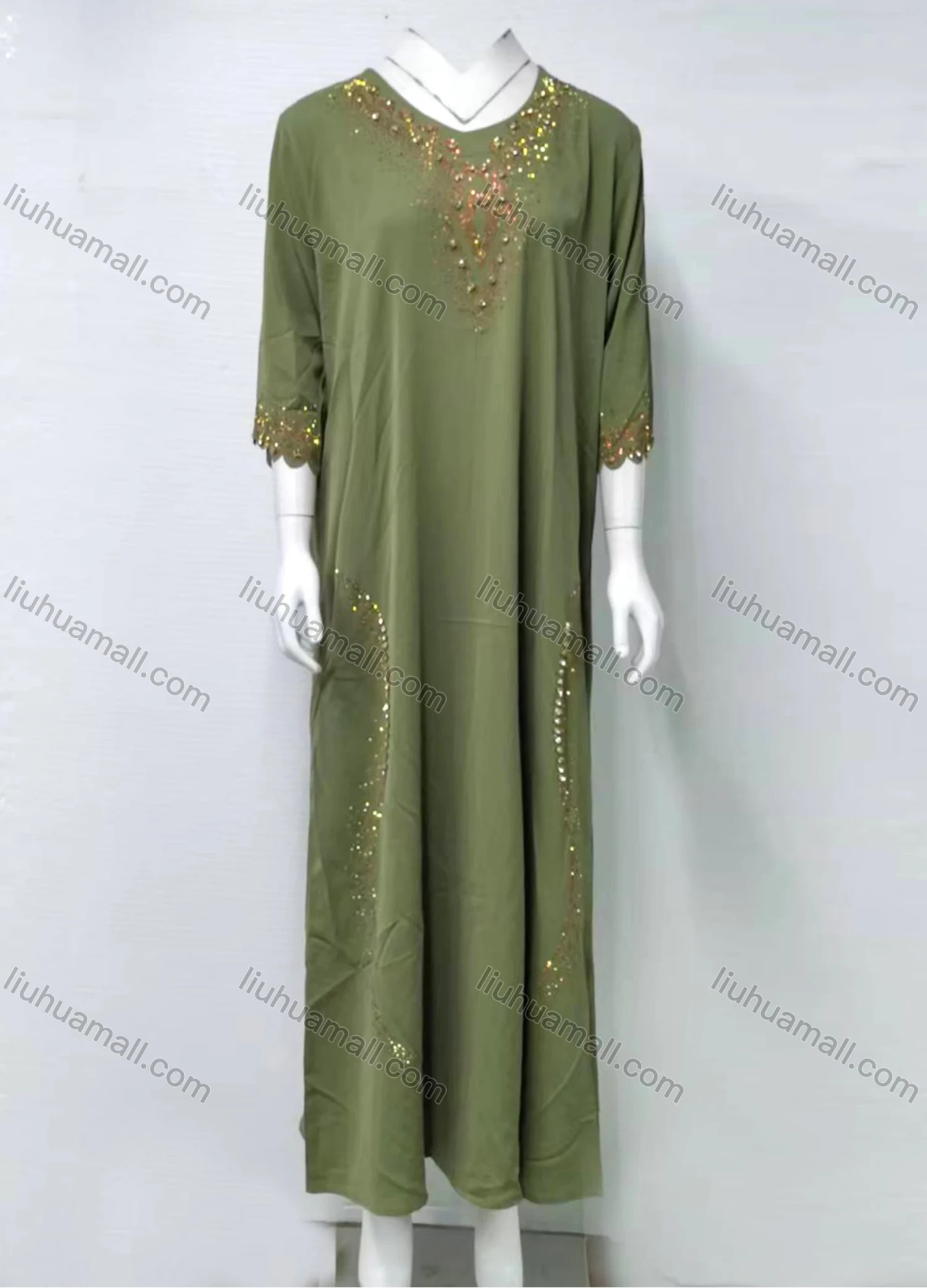 Wholesale Women's Elegant Plain Rhinestone Beaded Sequin Decor Crew Neck Scalloped Trim Maxi Abaya Dress 2419# - Liuhuamall