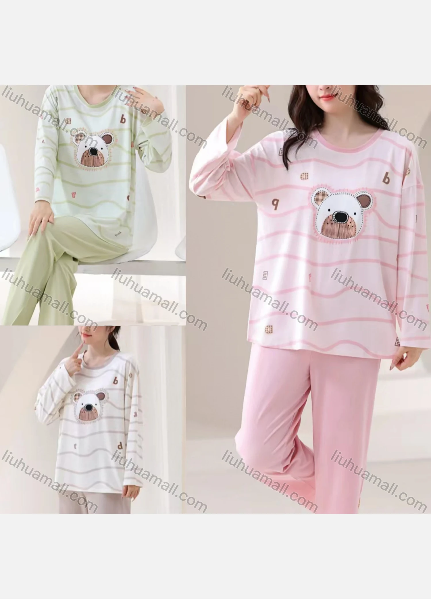 Wholesale Women's Comfy Striped Cartoon Bear Print Round Neck Long Sleeve Lounge Pajamas With Bra Pad 2 Piece Set 309-1# - Liuhuamall