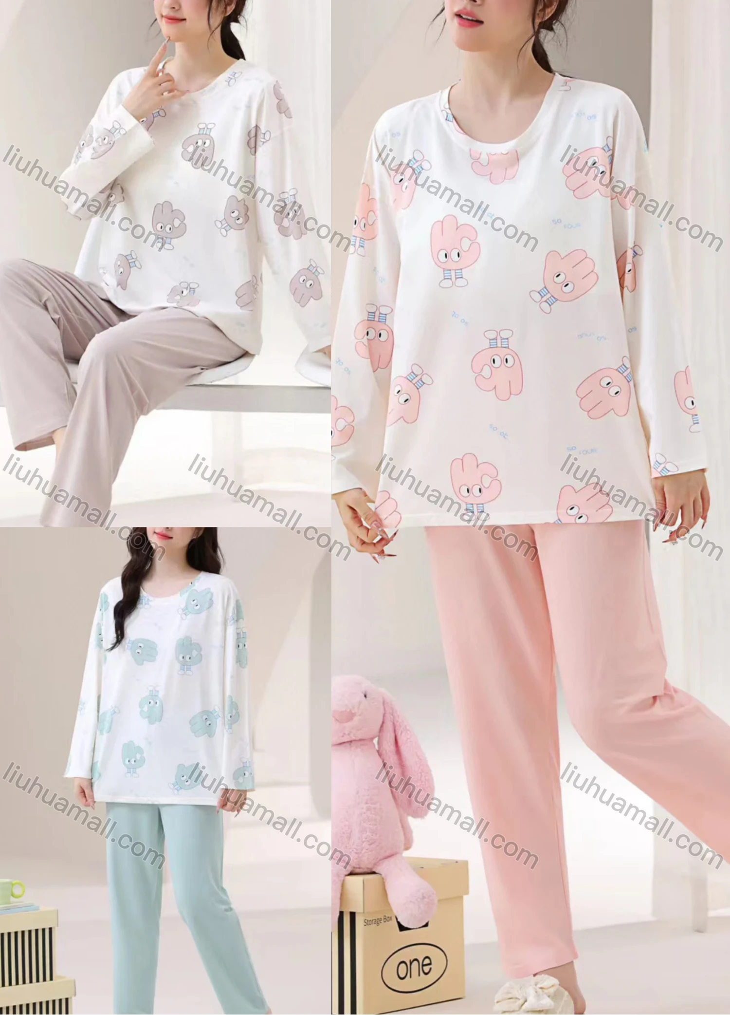 Wholesale Women's Soft Cartoon Print Round Neck Long Sleeve Lounge Pajamas With Bra Pad 2 Piece Set 309-4# - Liuhuamall