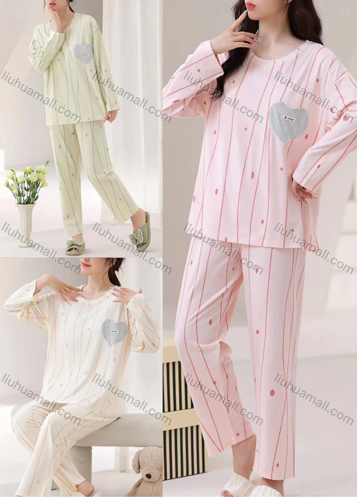 Wholesale Women's Soft Vertical Stripe Heart Round Neck Long Sleeve Lounge Pajamas With Bra Pad 2 Piece Set 309-5# - Liuhuamall