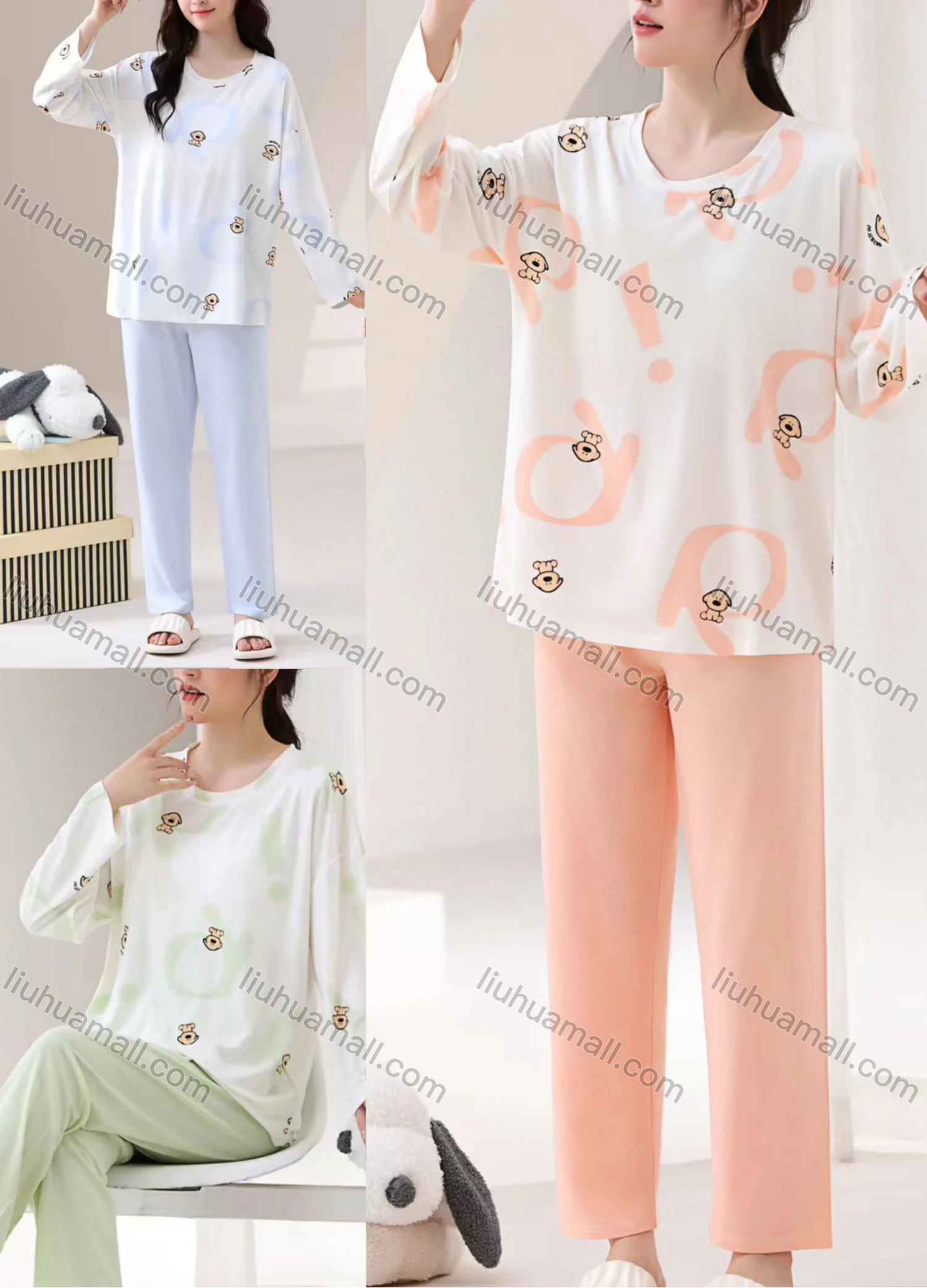 Wholesale Women's Soft Animal Letter Print Round Neck Long Sleeve Lounge Pajamas With Bra Pad 2 Piece Set 309-6# - Liuhuamall