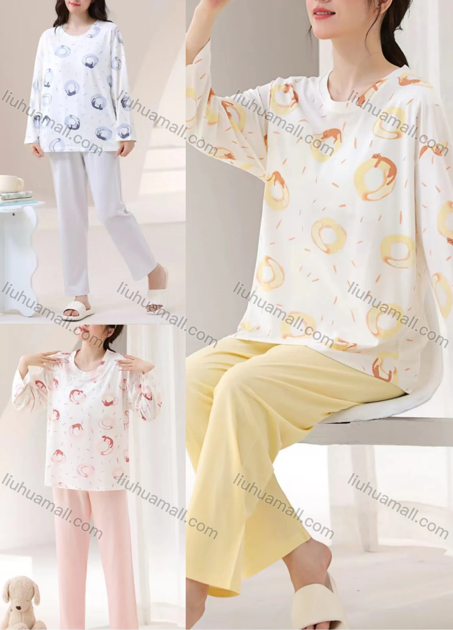 Wholesale Women's Comfy Allover Print Round Neck Long Sleeve Lounge Pajamas With Bra Pad 2 Piece Set 309-7# - Liuhuamall