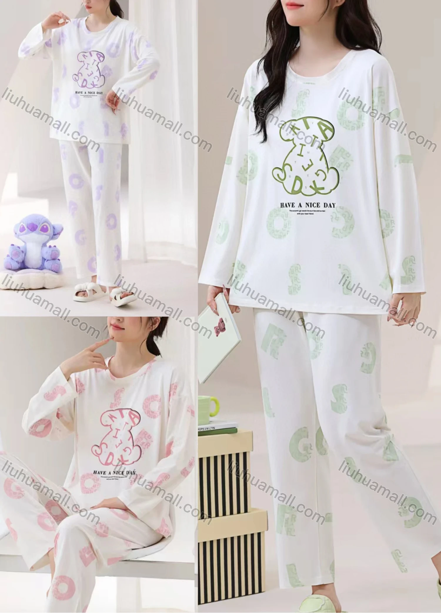 Wholesale Women's Comfy Letter Cartoon Round Neck Long Sleeve Lounge Pajamas With Bra Pad 2 Piece Set 309-8# - Liuhuamall