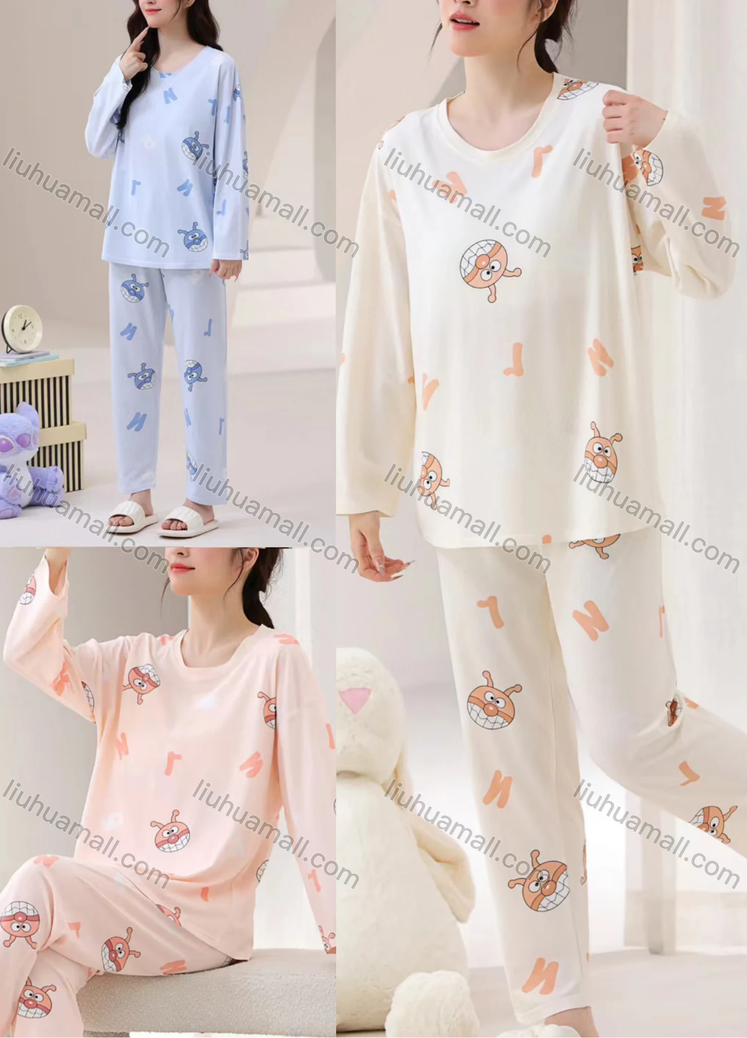 Wholesale Women's Comfy Letter Cartoon Round Neck Long Sleeve Lounge Pajamas With Bra Pad 2 Piece Set 309-9# - Liuhuamall