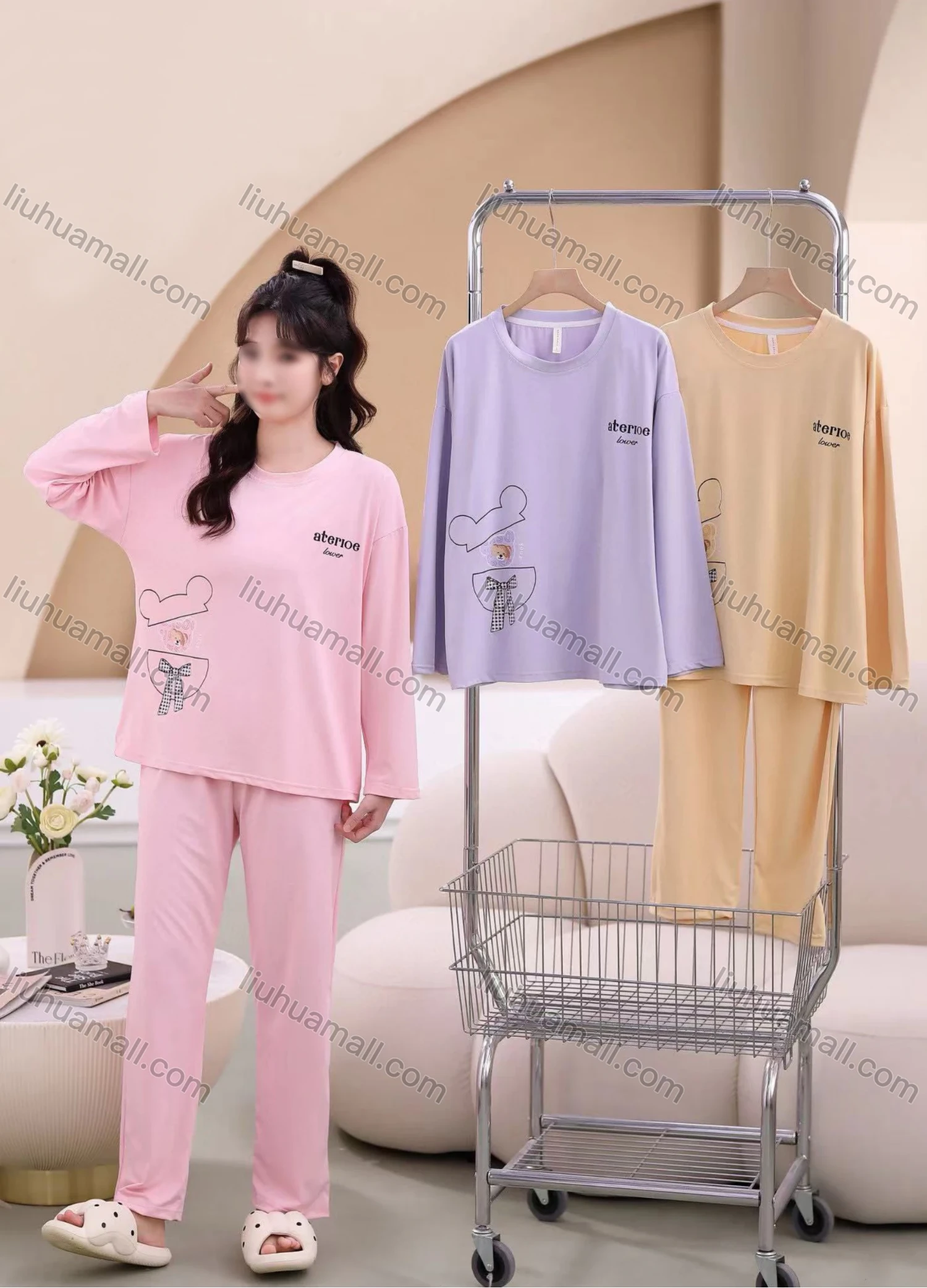 Wholesale Women's Soft Letter Cartoon Crew Neck Long Sleeve Lounge Pajamas With Bra Pad 2 Piece Set 331-1# - Liuhuamall