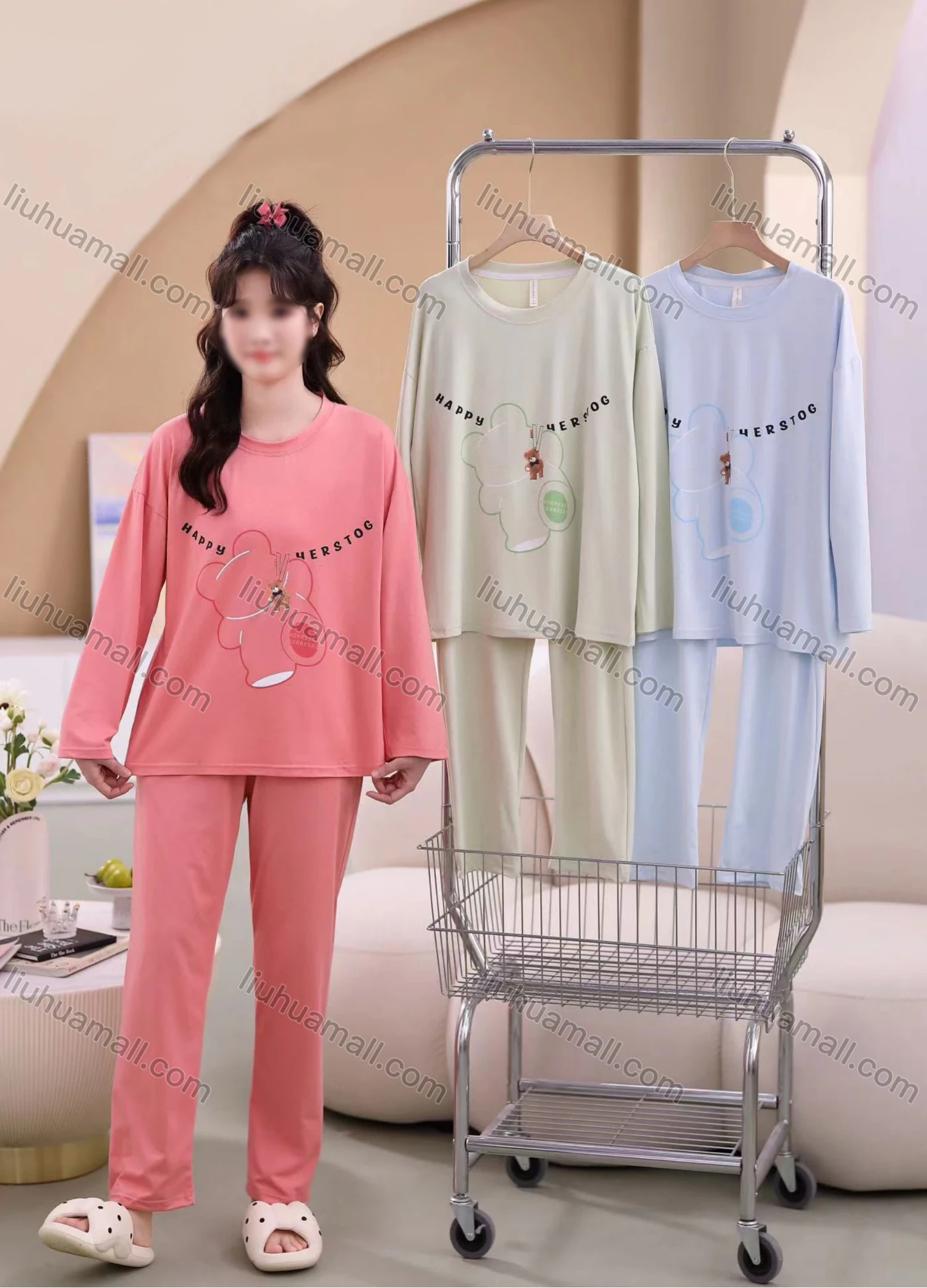 Wholesale Women's Soft Letter Cartoon Bear Crew Neck Long Sleeve Lounge Pajamas With Bra Pad 2 Piece Set 331-3# - Liuhuamall