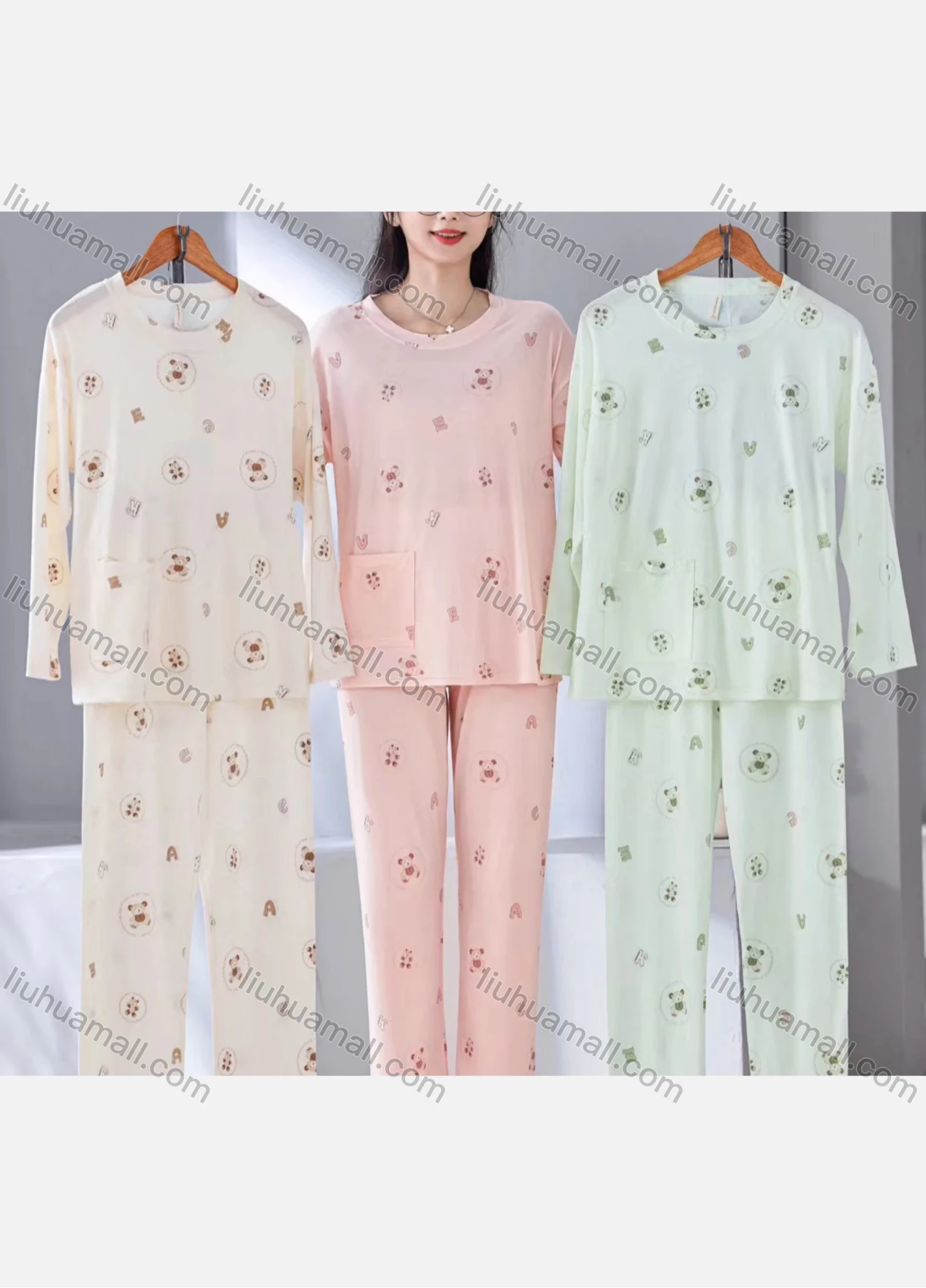 Wholesale Women's Comfy Cartoon Letter Print Crew Neck Pocket Long Sleeve Lounge Pajamas 2 Piece Set 2533-2# - Liuhuamall