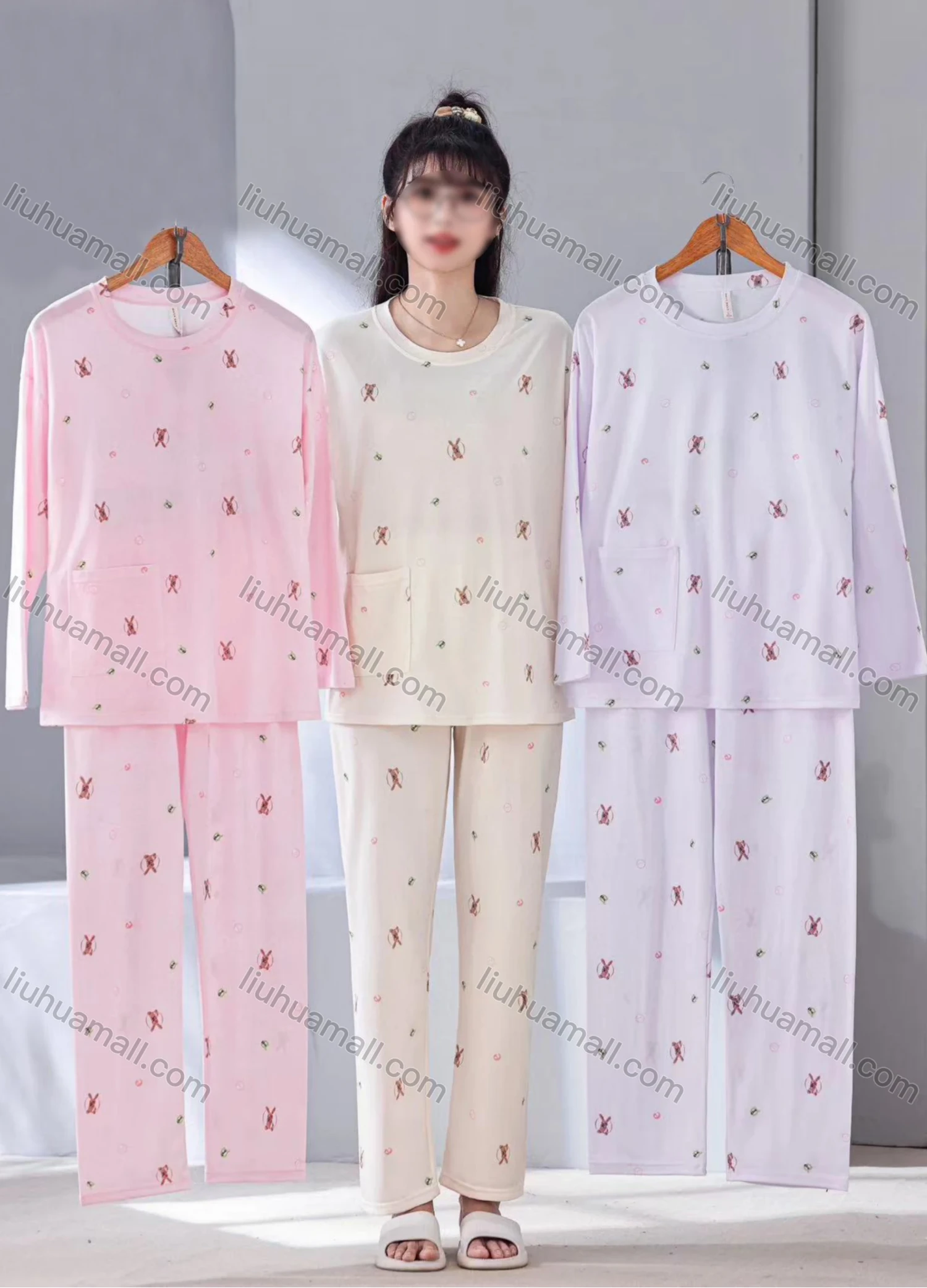Wholesale Women's Comfy Cartoon Print Crew Neck Pocket Long Sleeve Lounge Pajamas 2 Piece Set 2533-4# - Liuhuamall