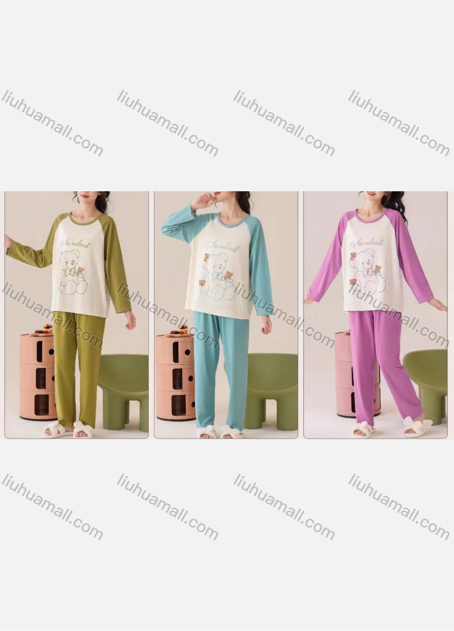 Wholesale Women's Comfy Cartoon Bear Letter Crew Neck Raglan Sleeve Lounge Pajamas 2 Piece Set 2026-2# - Liuhuamall