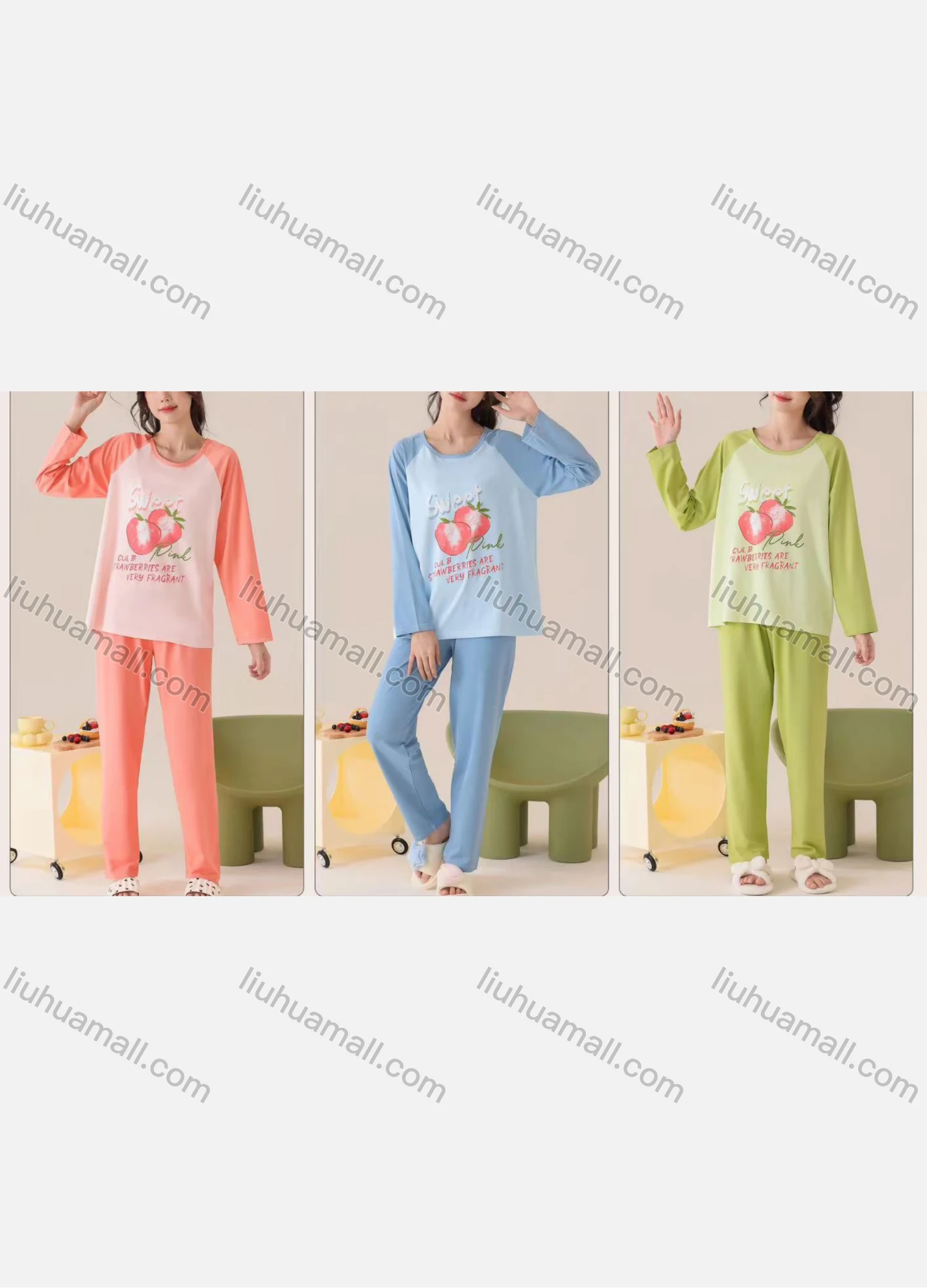 Wholesale Women's Comfy Strawberry Letter Crew Neck Raglan Sleeve Lounge Pajamas 2 Piece Set 2026-5# - Liuhuamall
