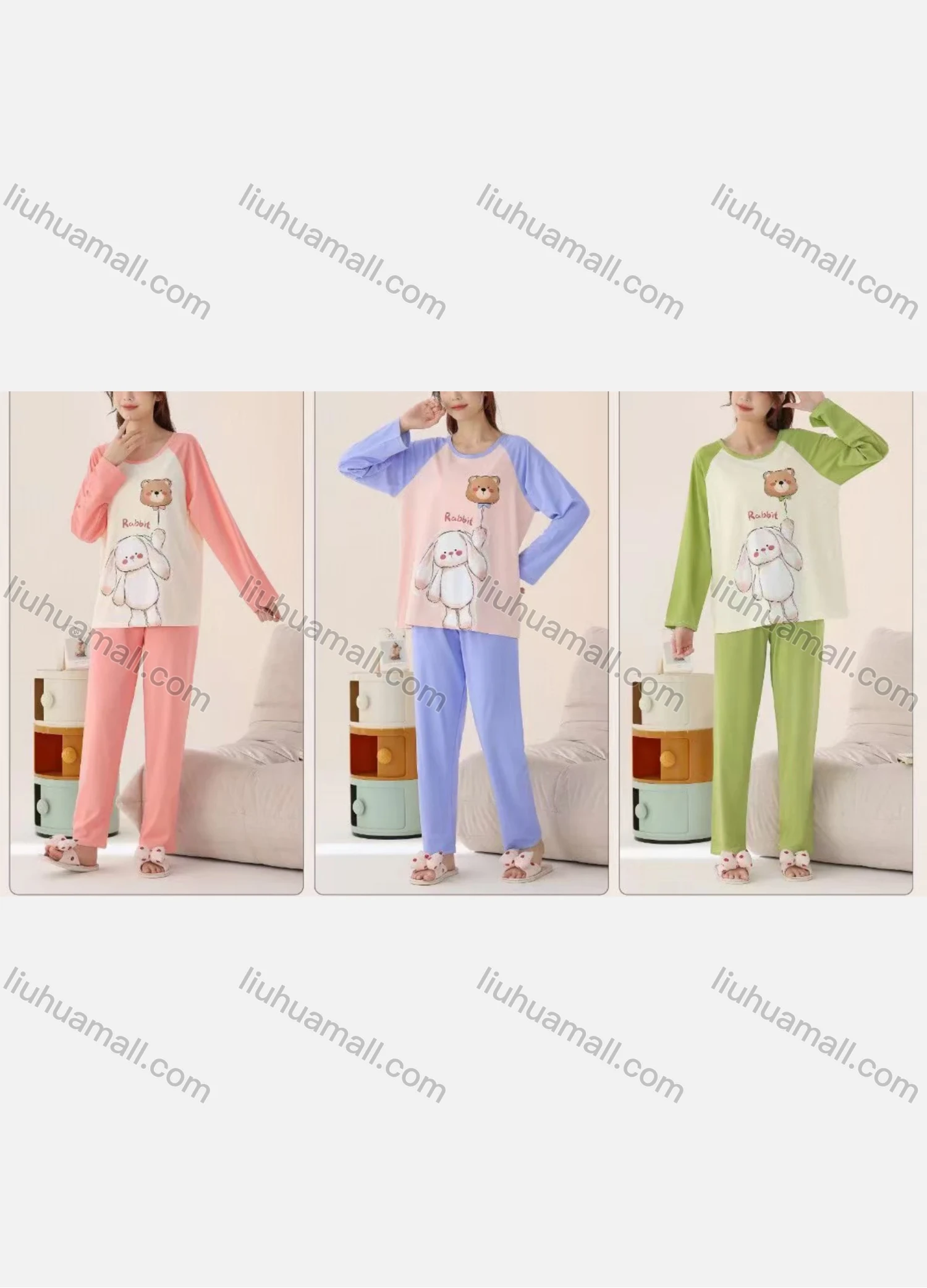 Wholesale Women's Comfy Cartoon Print Crew Neck Raglan Sleeve Lounge Pajamas 2 Piece Set 2026-7# - Liuhuamall