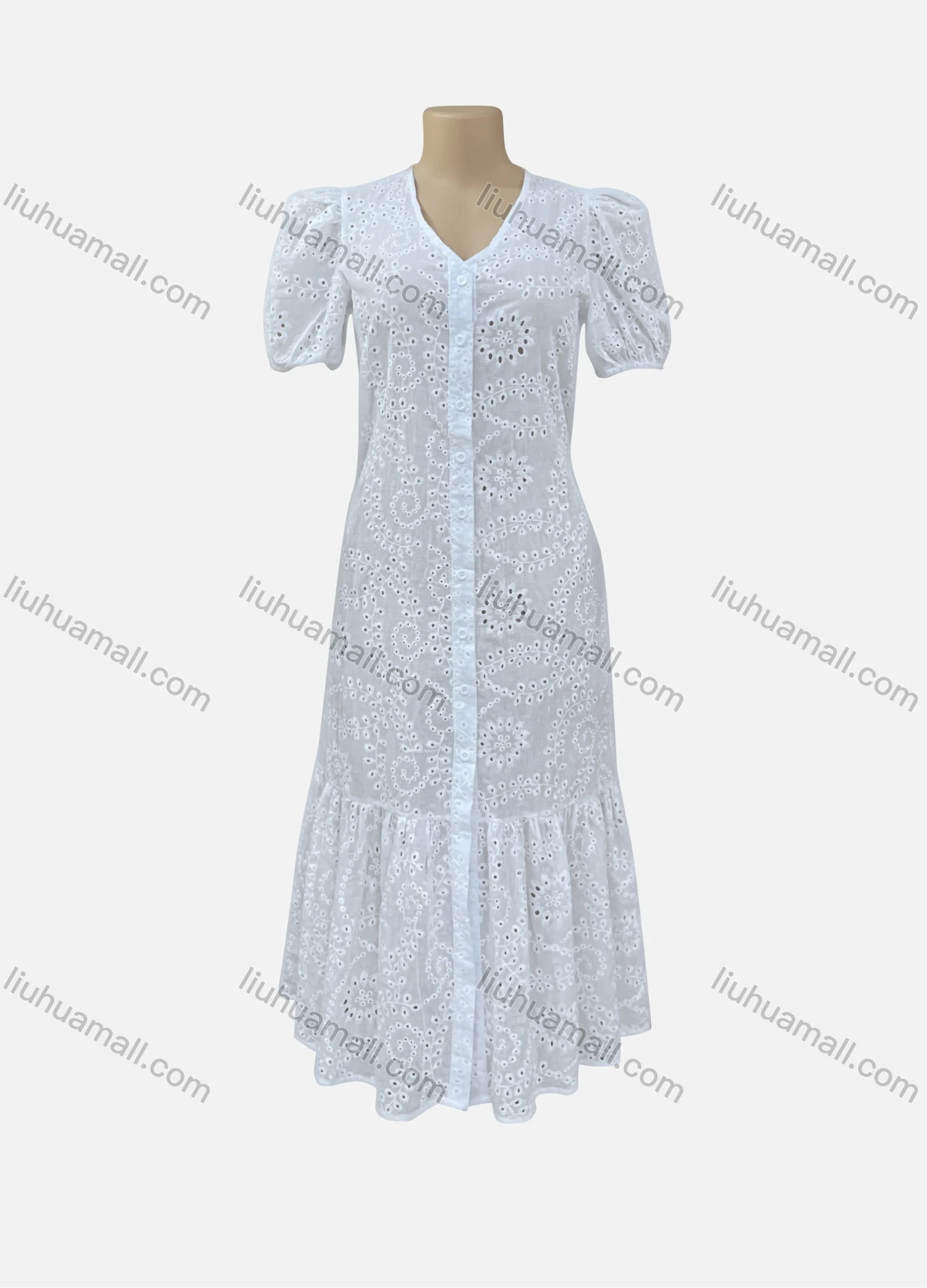 Wholesale Women's Casual V Neck Plain Short Sleeve Button Down Ruched Eyelet Embroidered Ruffle Hem Midi Dress 7199# - Liuhuamall