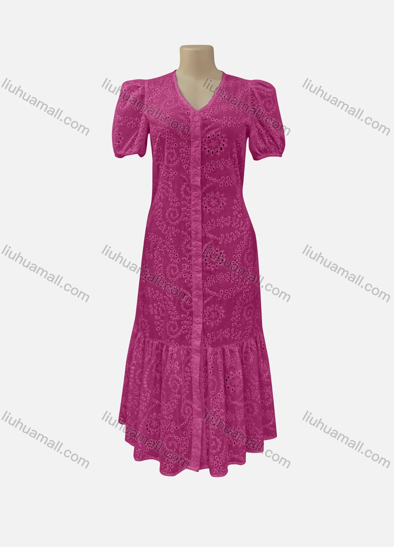 Wholesale Women's Casual V Neck Plain Short Sleeve Button Down Ruched Eyelet Embroidered Ruffle Hem Midi Dress 7199# - Liuhuamall