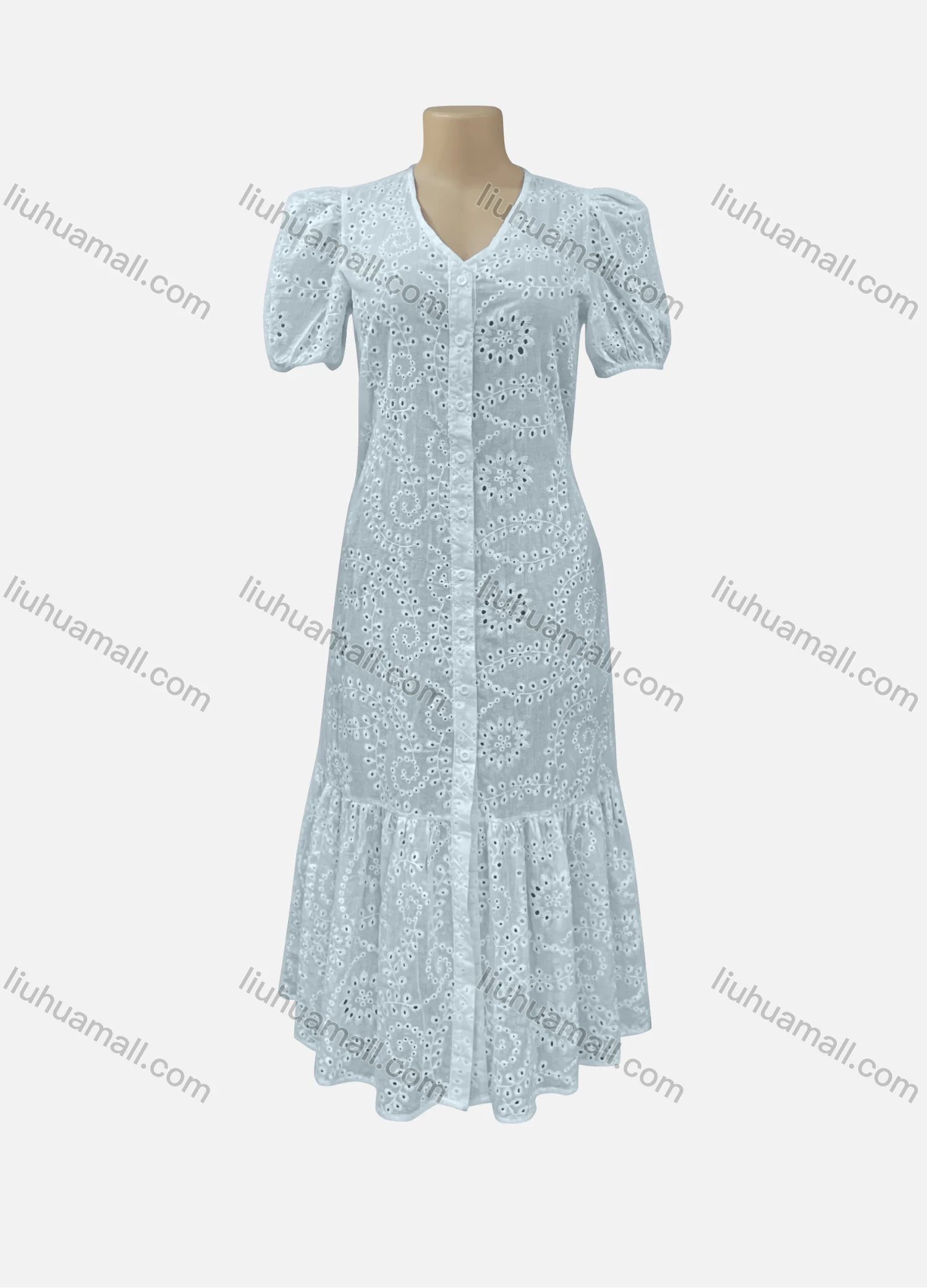 Wholesale Women's Casual V Neck Plain Short Sleeve Button Down Ruched Eyelet Embroidered Ruffle Hem Midi Dress 7199# - Liuhuamall