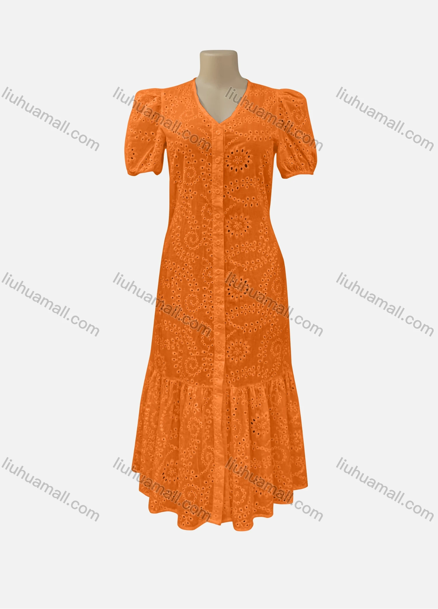 Wholesale Women's Casual V Neck Plain Short Sleeve Button Down Ruched Eyelet Embroidered Ruffle Hem Midi Dress 7199# - Liuhuamall