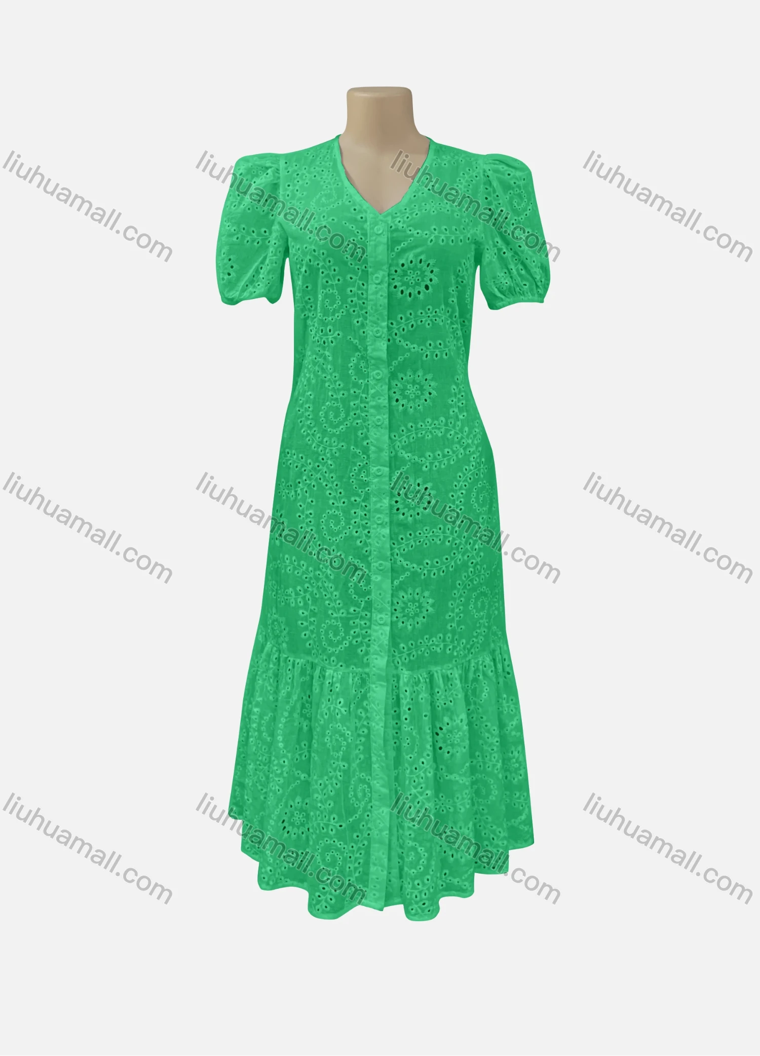 Wholesale Women's Casual V Neck Plain Short Sleeve Button Down Ruched Eyelet Embroidered Ruffle Hem Midi Dress 7199# - Liuhuamall