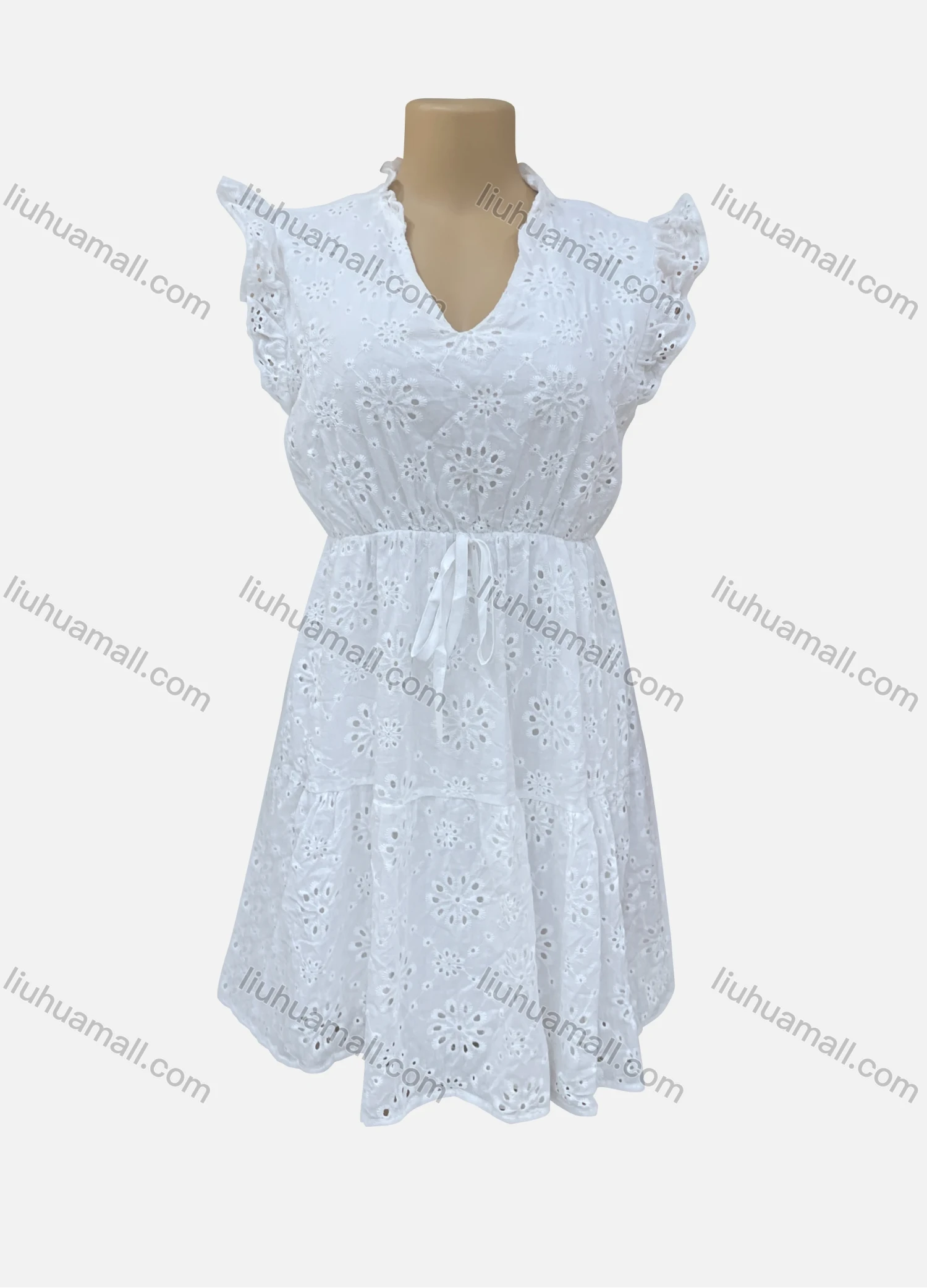 Wholesale Women's Casual V Neck Plain Ruffle Trim Eyelet Embroidered Drawstring Short Dress 7204# - Liuhuamall